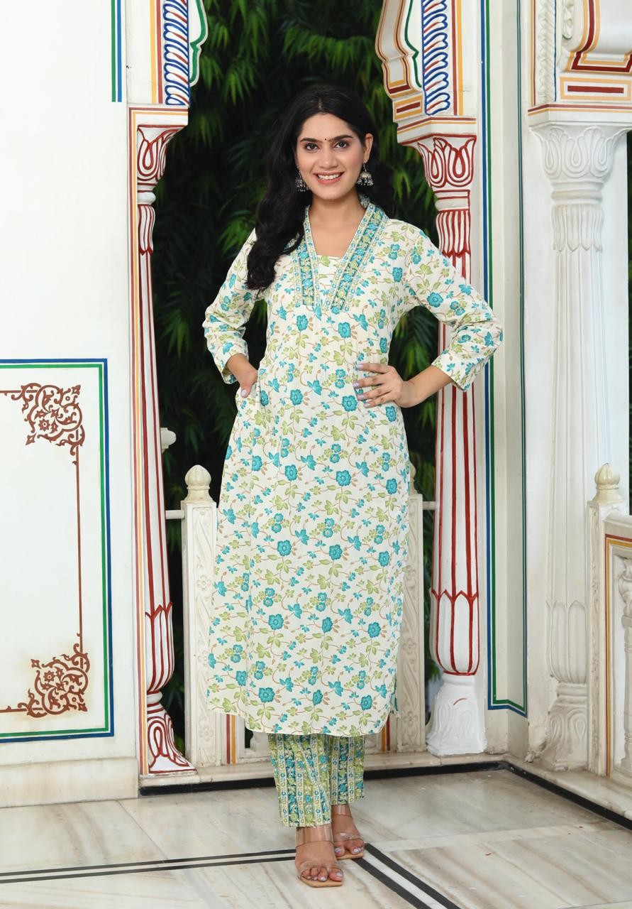 Sky Blue With Green Floral Print Kurti Pant And Dupatta Set