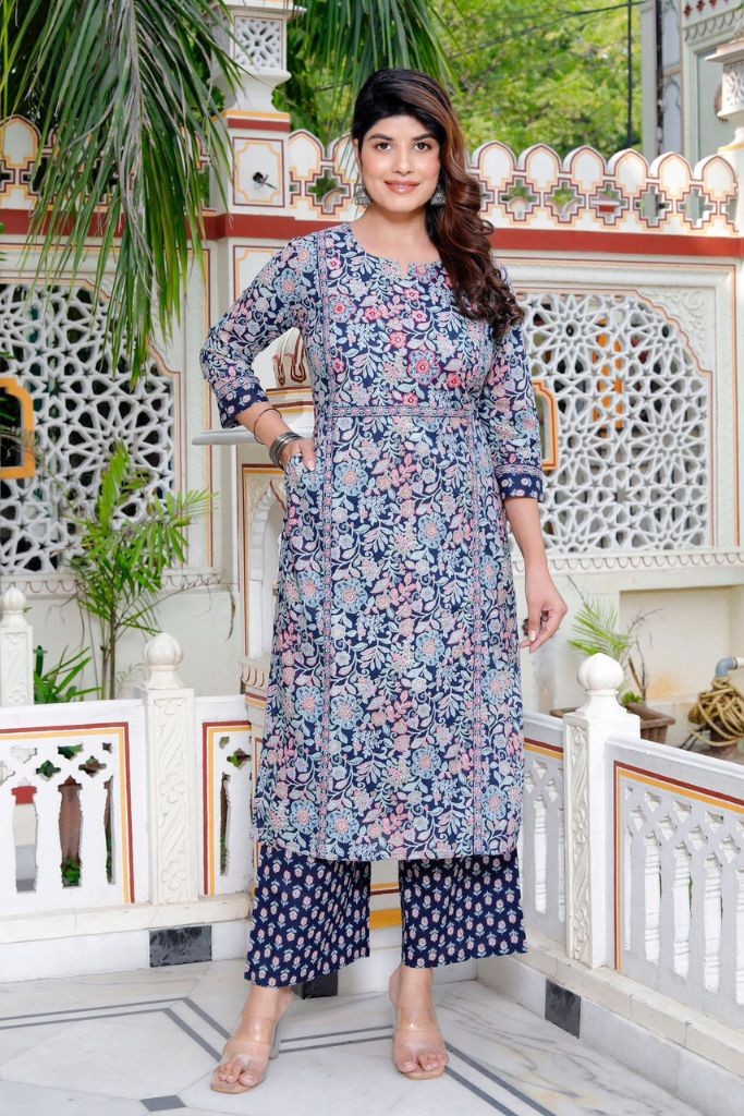 Blue With White Printed Kurta Palzo Dupatta Set