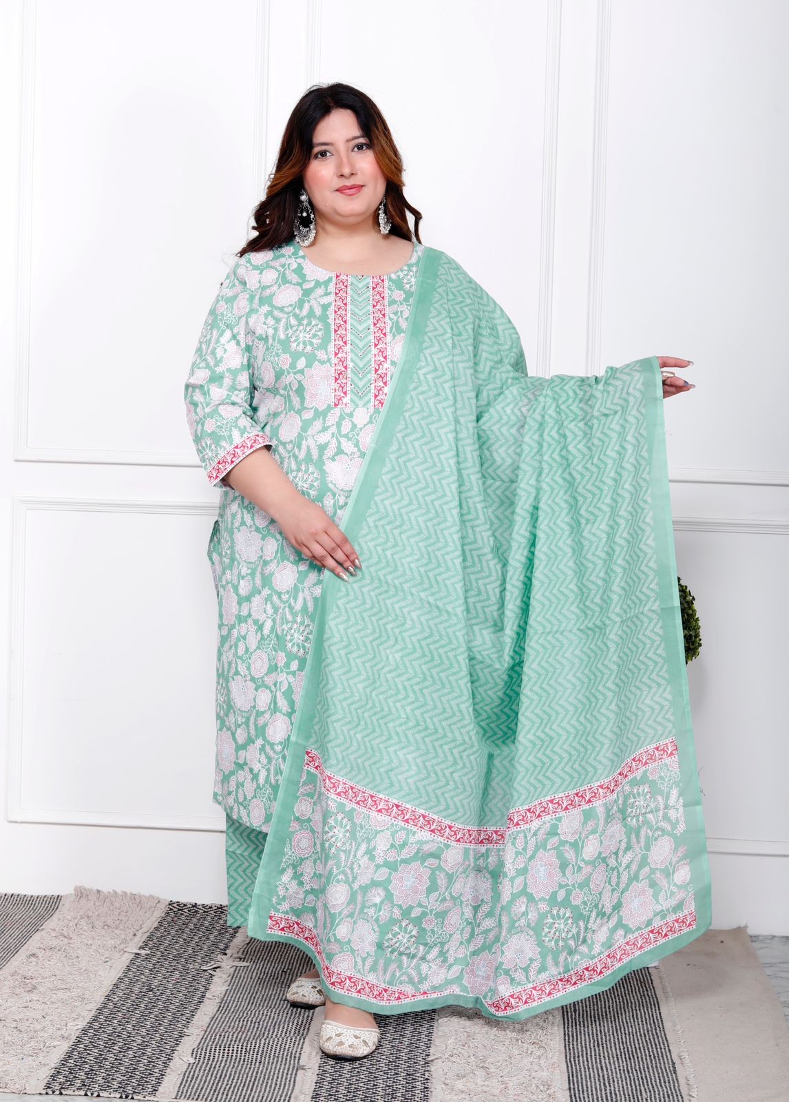 Sky Blue With White Floral Print Kurti pant And Dupatta Set