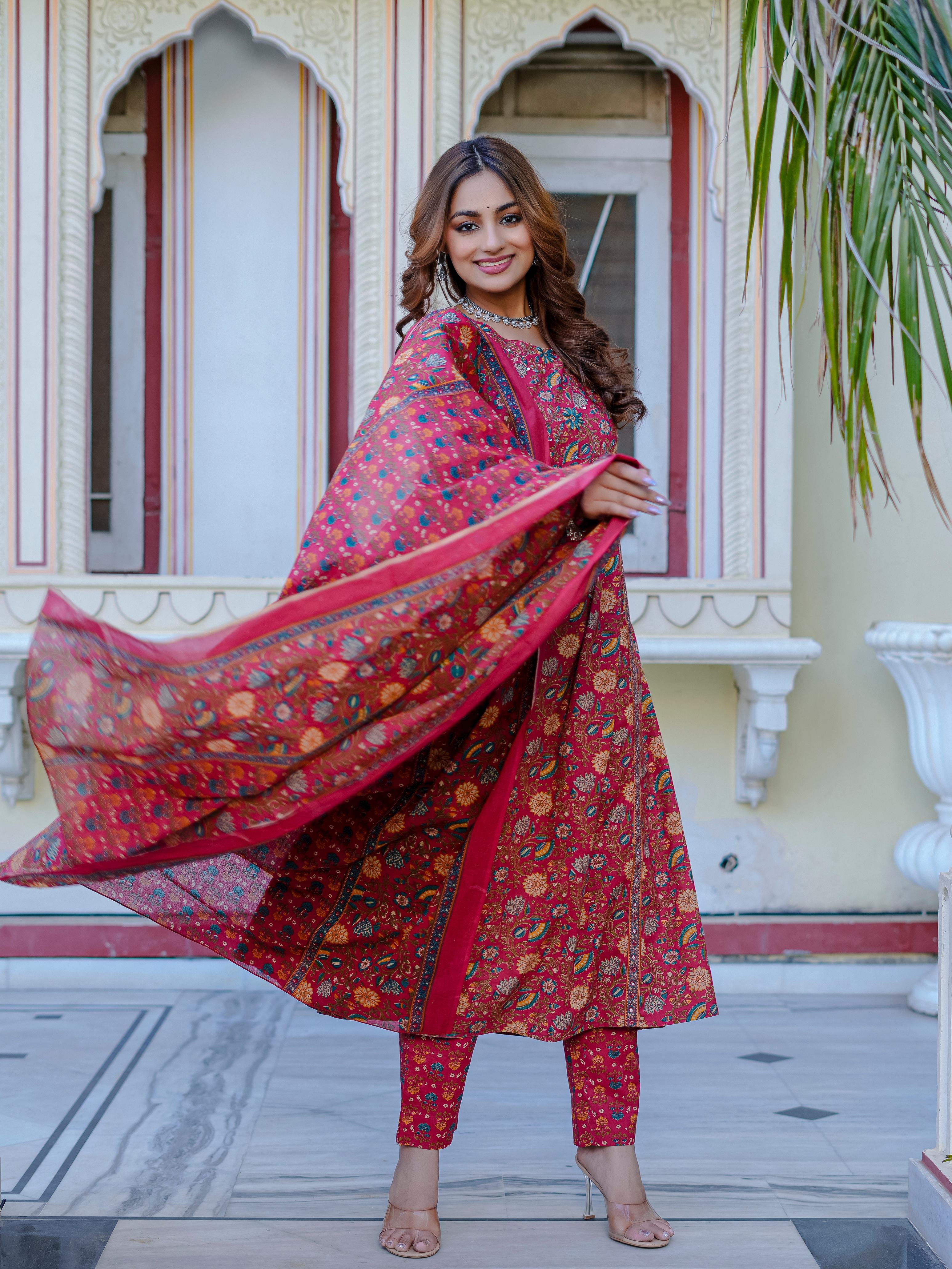 Red A-line Floral Kurti Set -Hk vastra