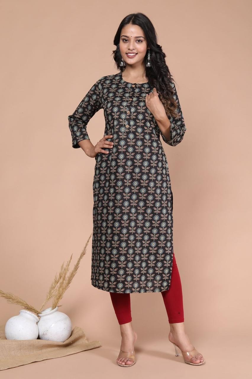 Woman Black floral print Straight Kurta