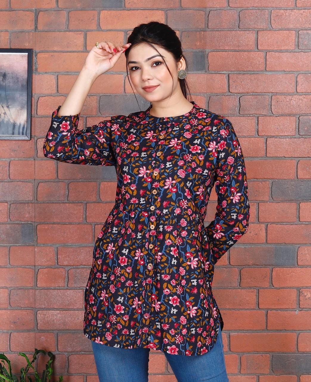 Dark Navy Blue With Floral Print Short Top
