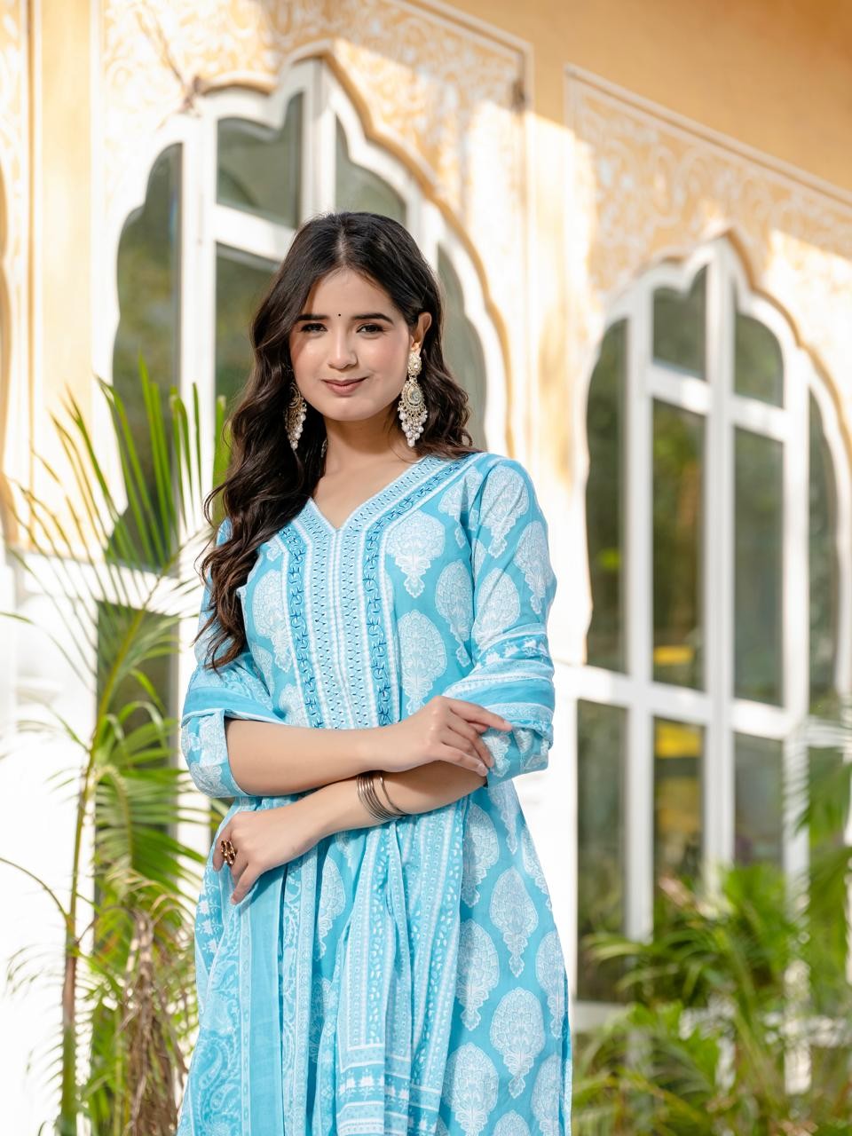 Sky Blue Gamthi Print Kurti Pant And Dupatta Set
