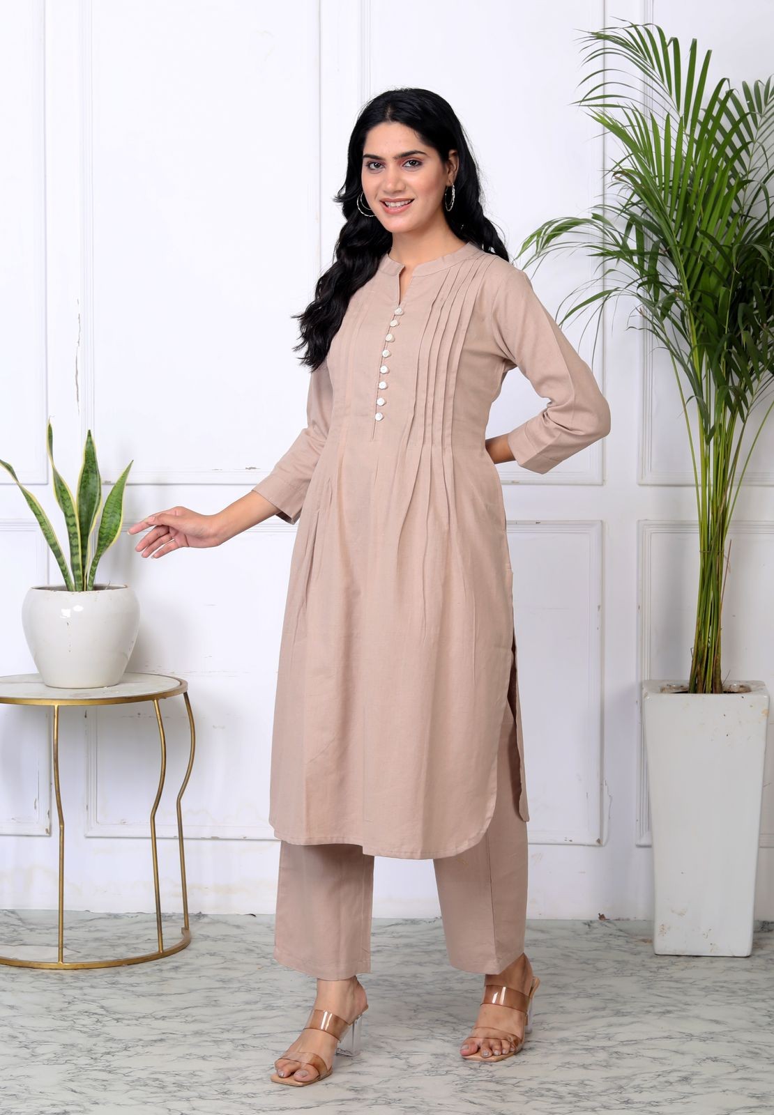 Beige Flax Kurta Pant Set