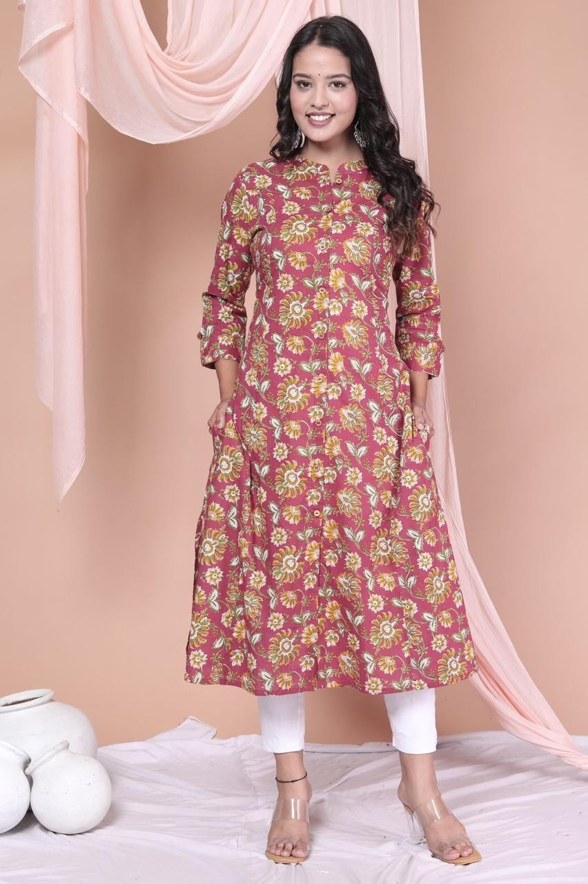 Floral Print Pink Or Maroon  A Line Kurta