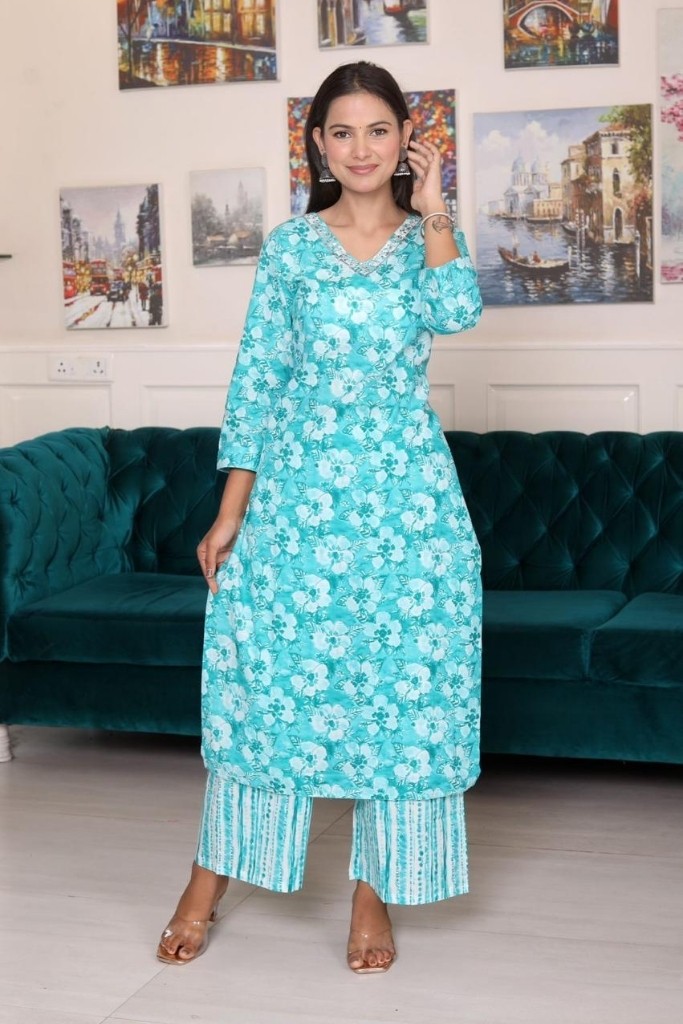 New Sky Blue Kurta Palazzo And Dupatta Set