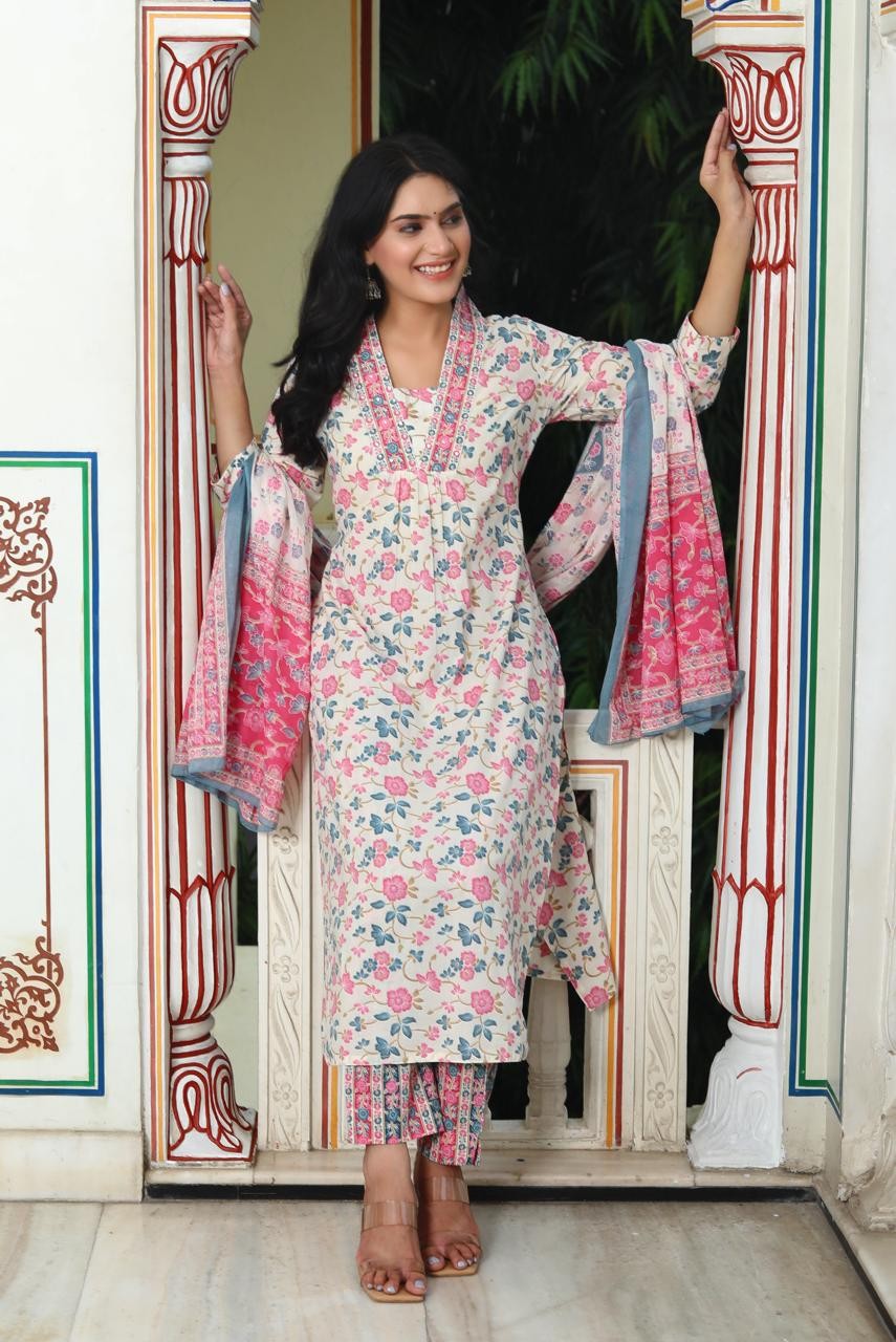 Pink And Sky Blue Floral Print kurti Pant And Dupatta Set