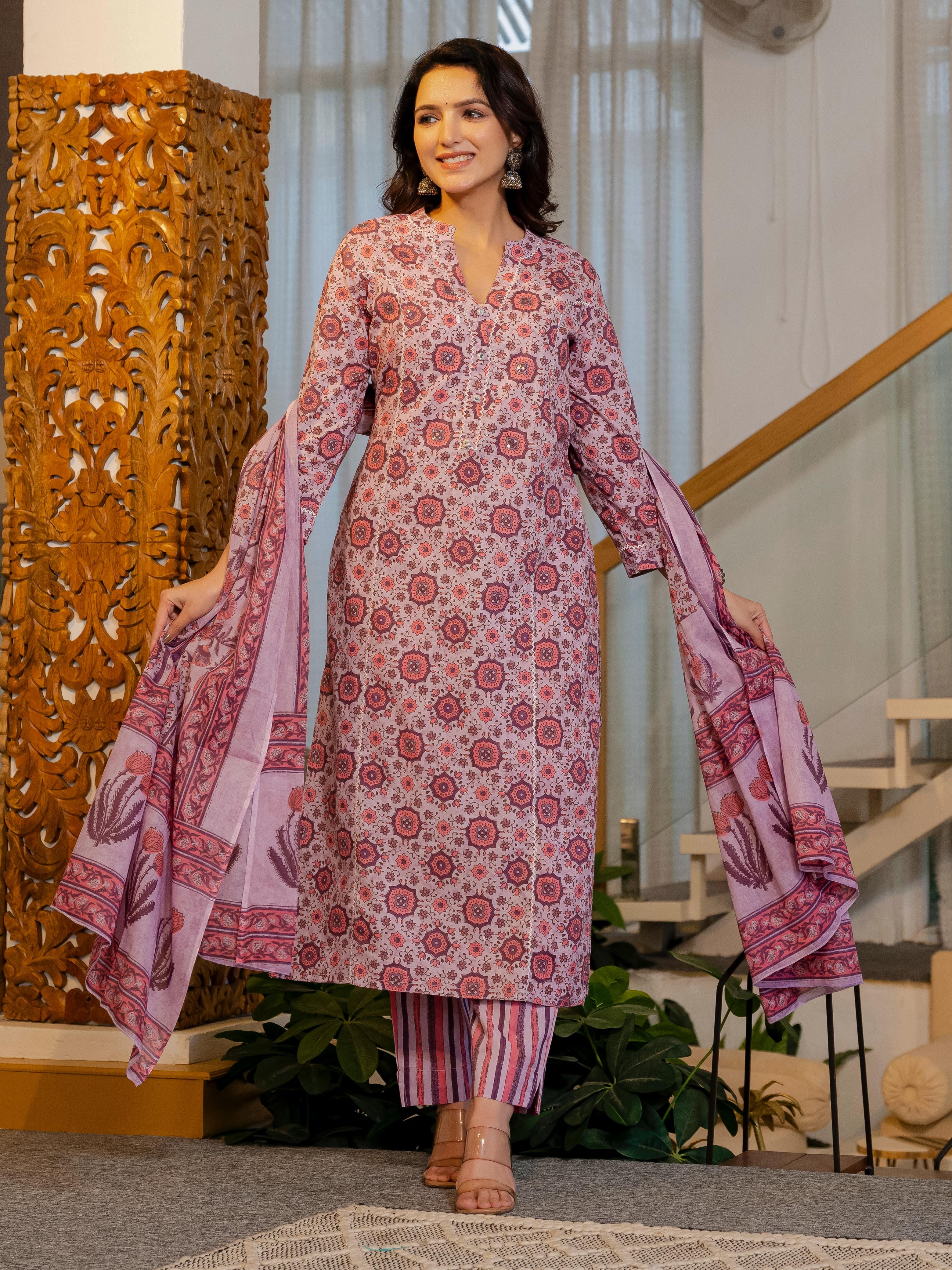 Cotton Summer Light Pink Kurti Pant And Dupatta Set