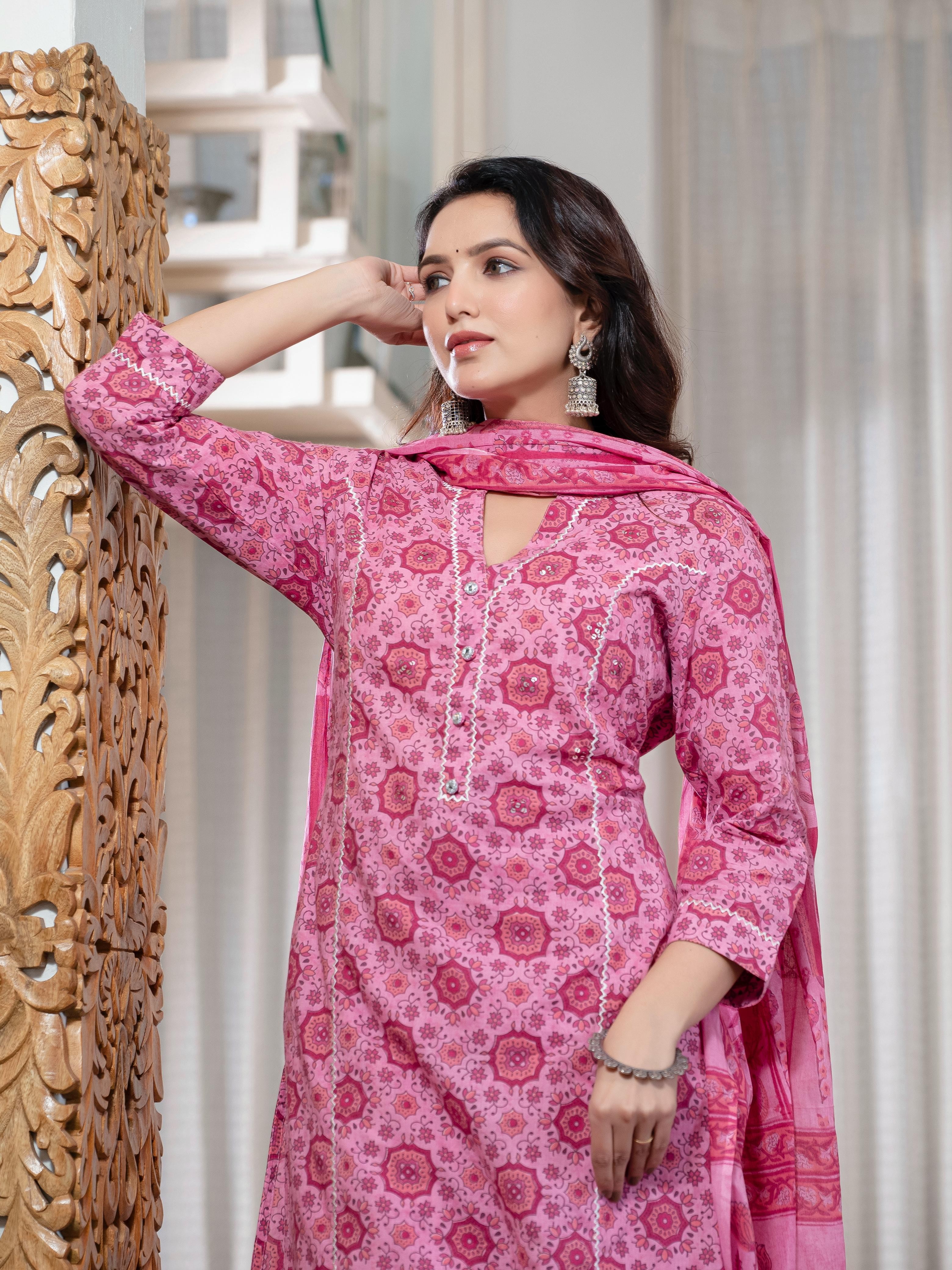 Cotton Summer Pink Kurti Pant And Dupatta Set