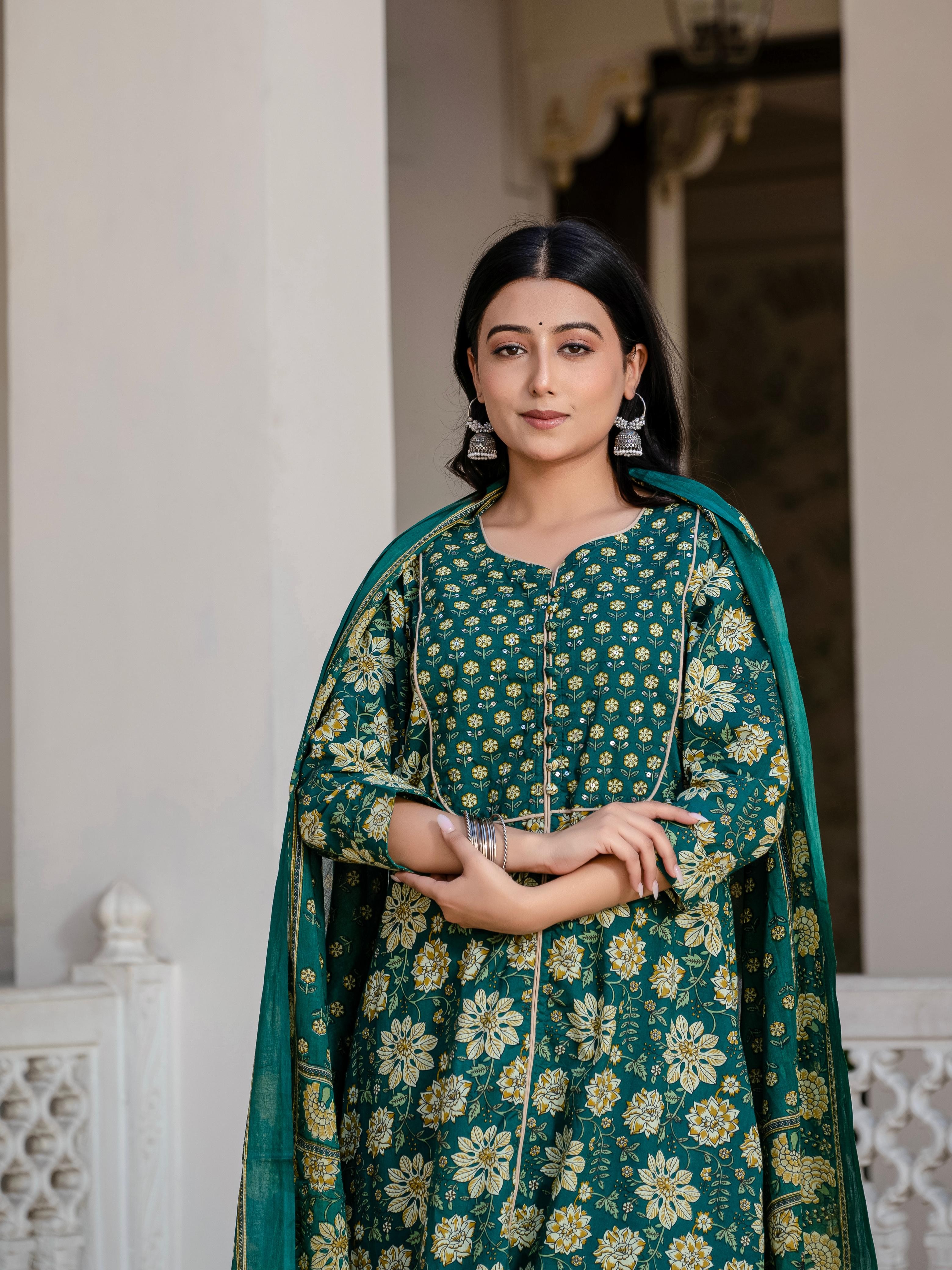 Green Floral Printed A-line Kurta Set - Soft & Elegant
