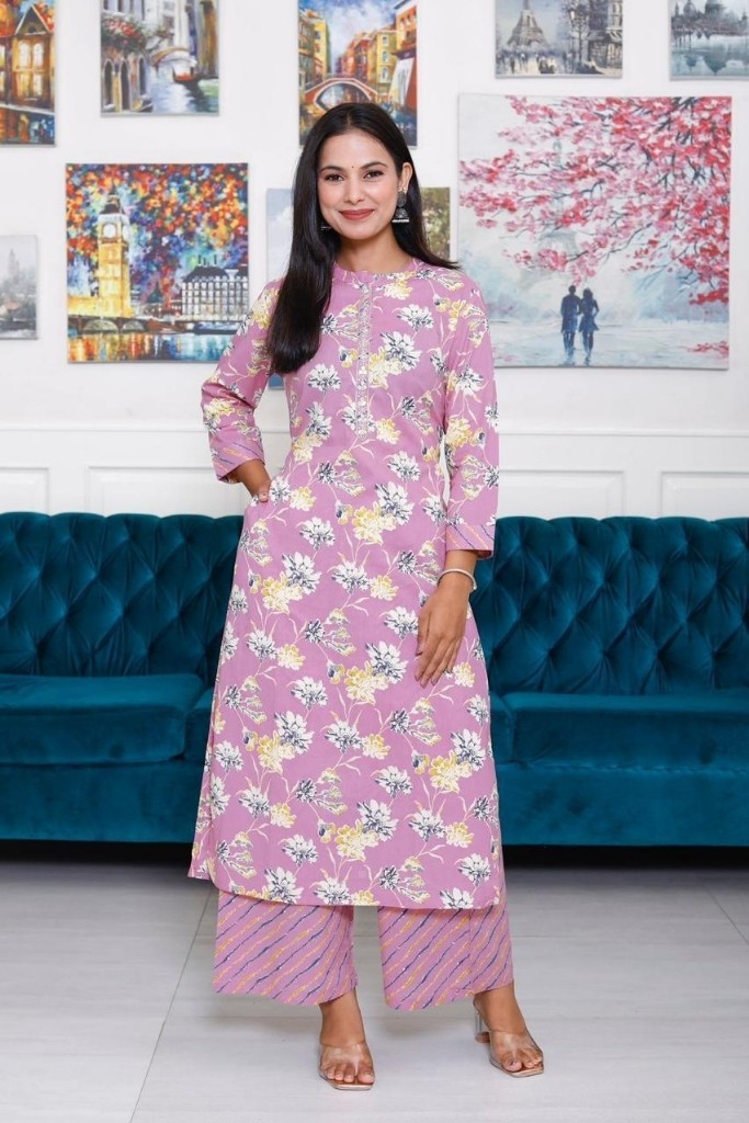 Pink With Floral Print Kurta Palazzo & Dupatta Set