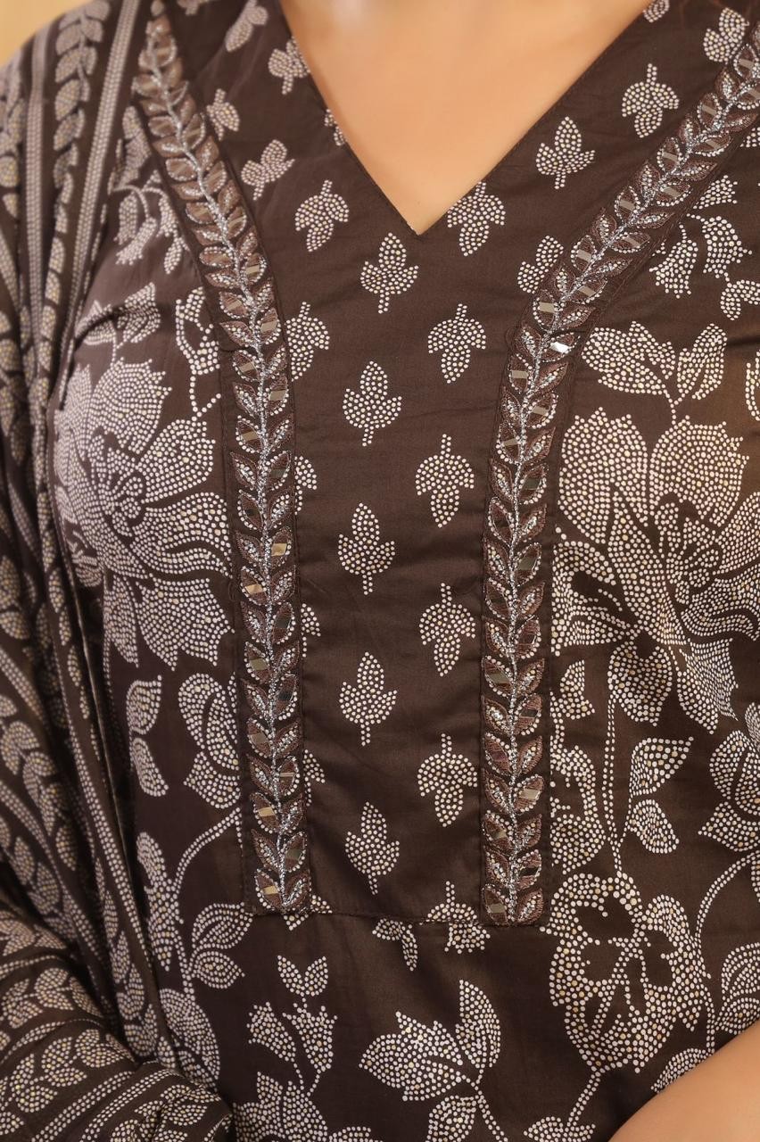 Latest  Brown With A Grey Floral Print kurti Pant And Dupatta Set