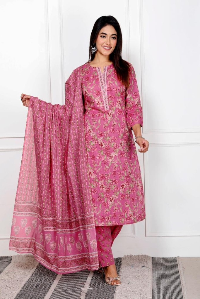 Pink White Kurta Pant Dupatta Set