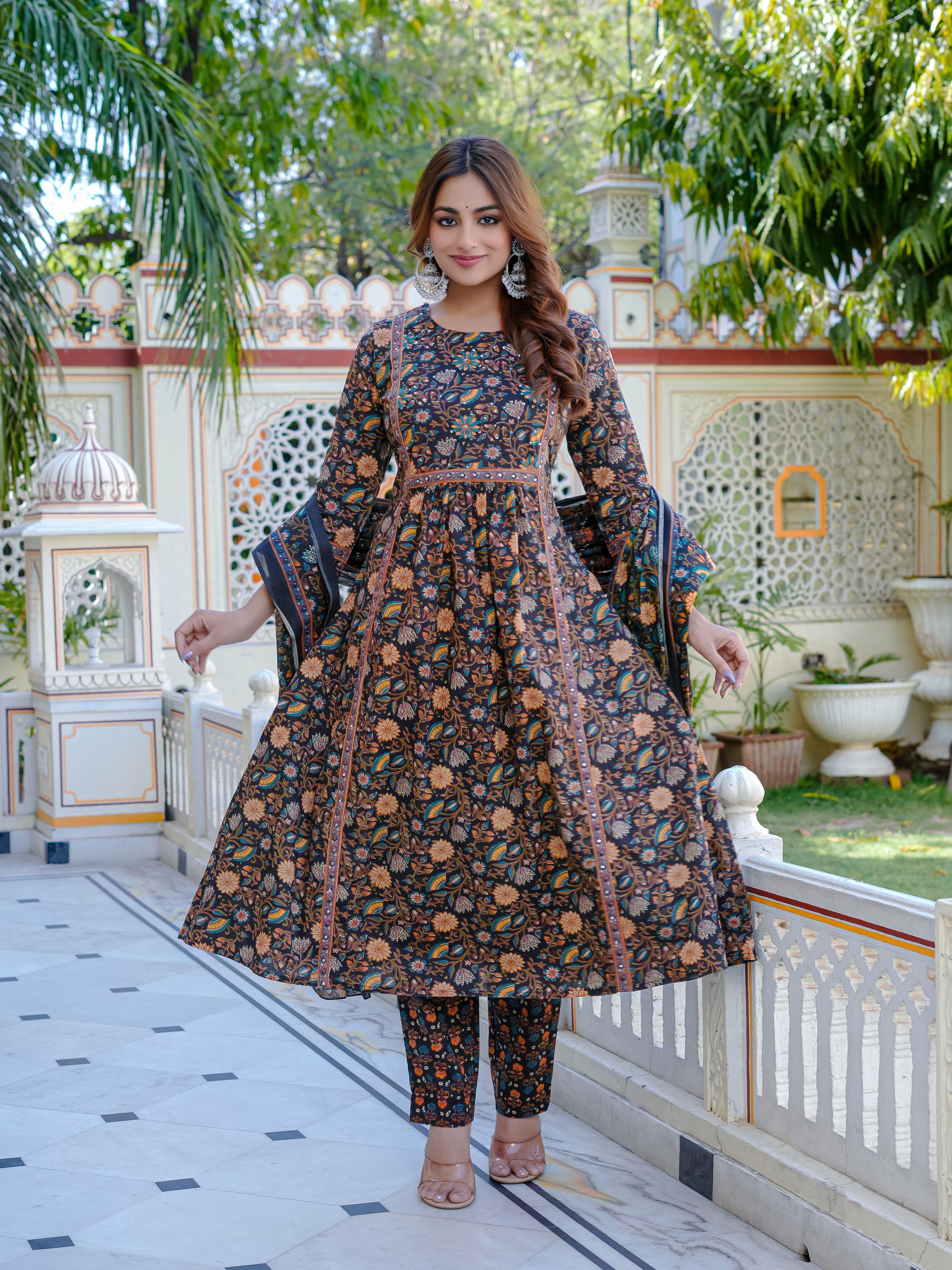 Black Multicolor Floral Cotton Kurti Set – Ethnic Collection