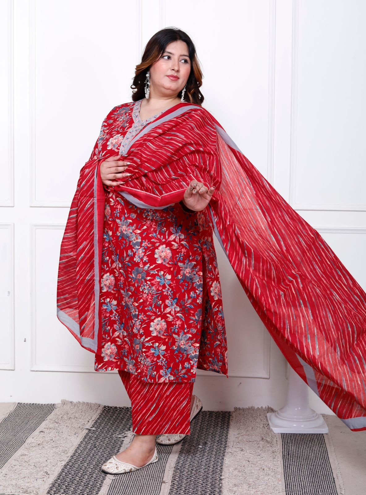 Plus Size Red  Kurti Pant Dupatta Set