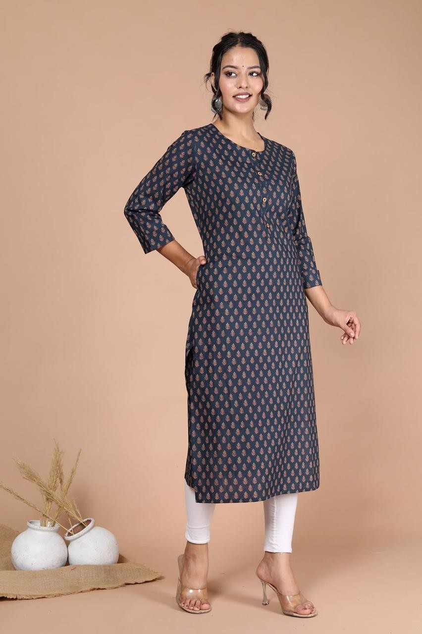 Women Navy Blue Printed Cotton Straight Kurta