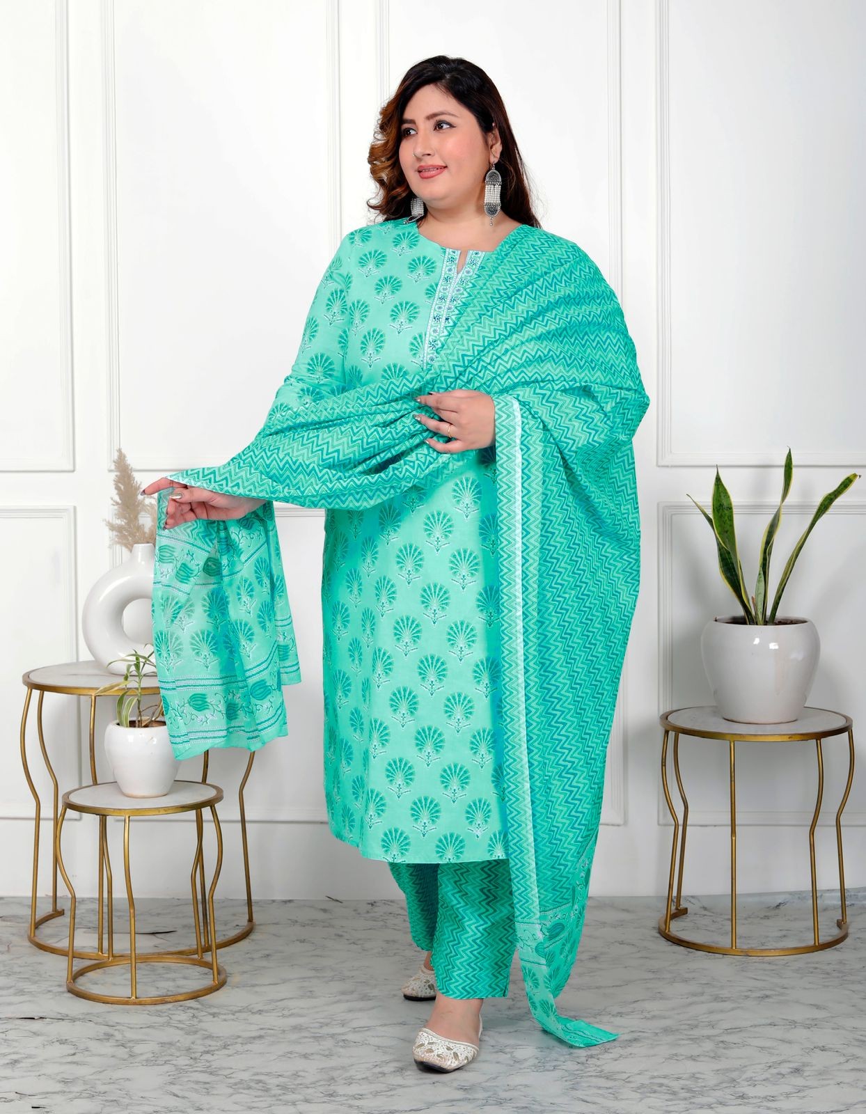 Plus Size Light Green Kurti Pant And Dupatta Set