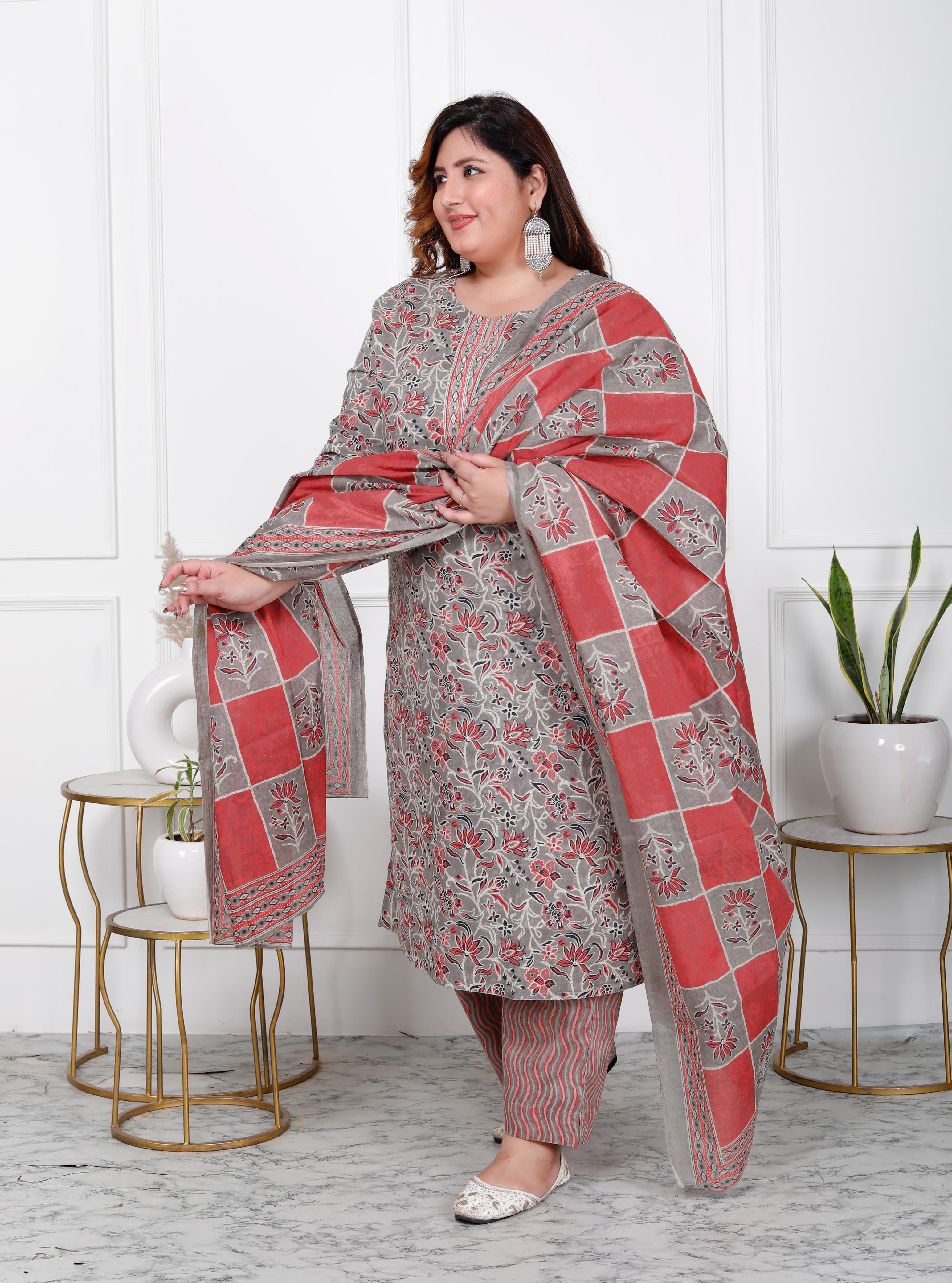 Red Floral With Gray Kurti Pant And Dupatta Set