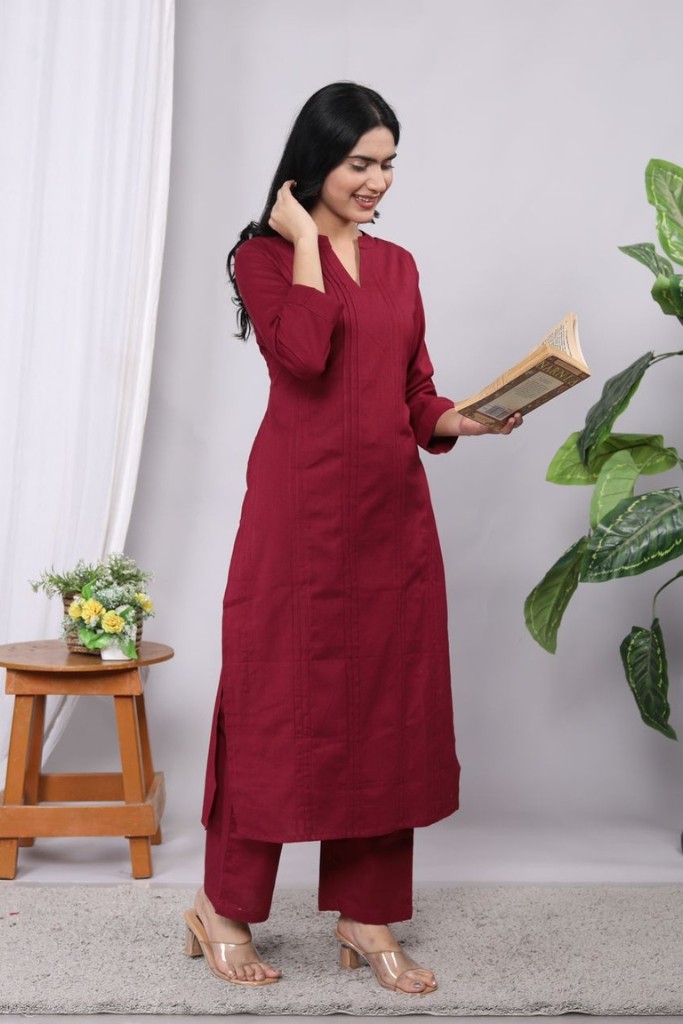 Maroon Kurta Pant Set (Flax Cotton Linen)