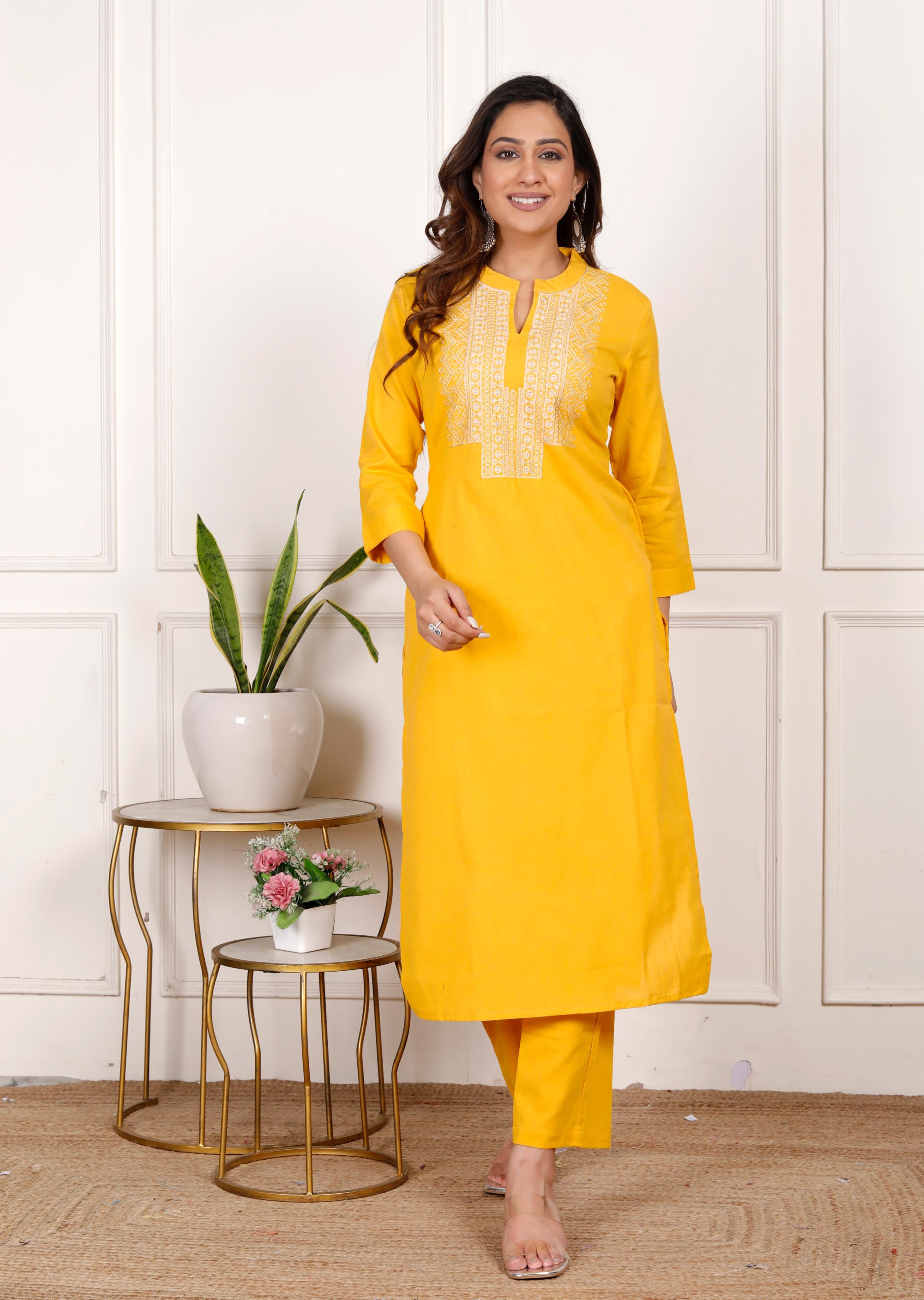 Cotton Flex Embroidered Kurta Pant Set – Yellow