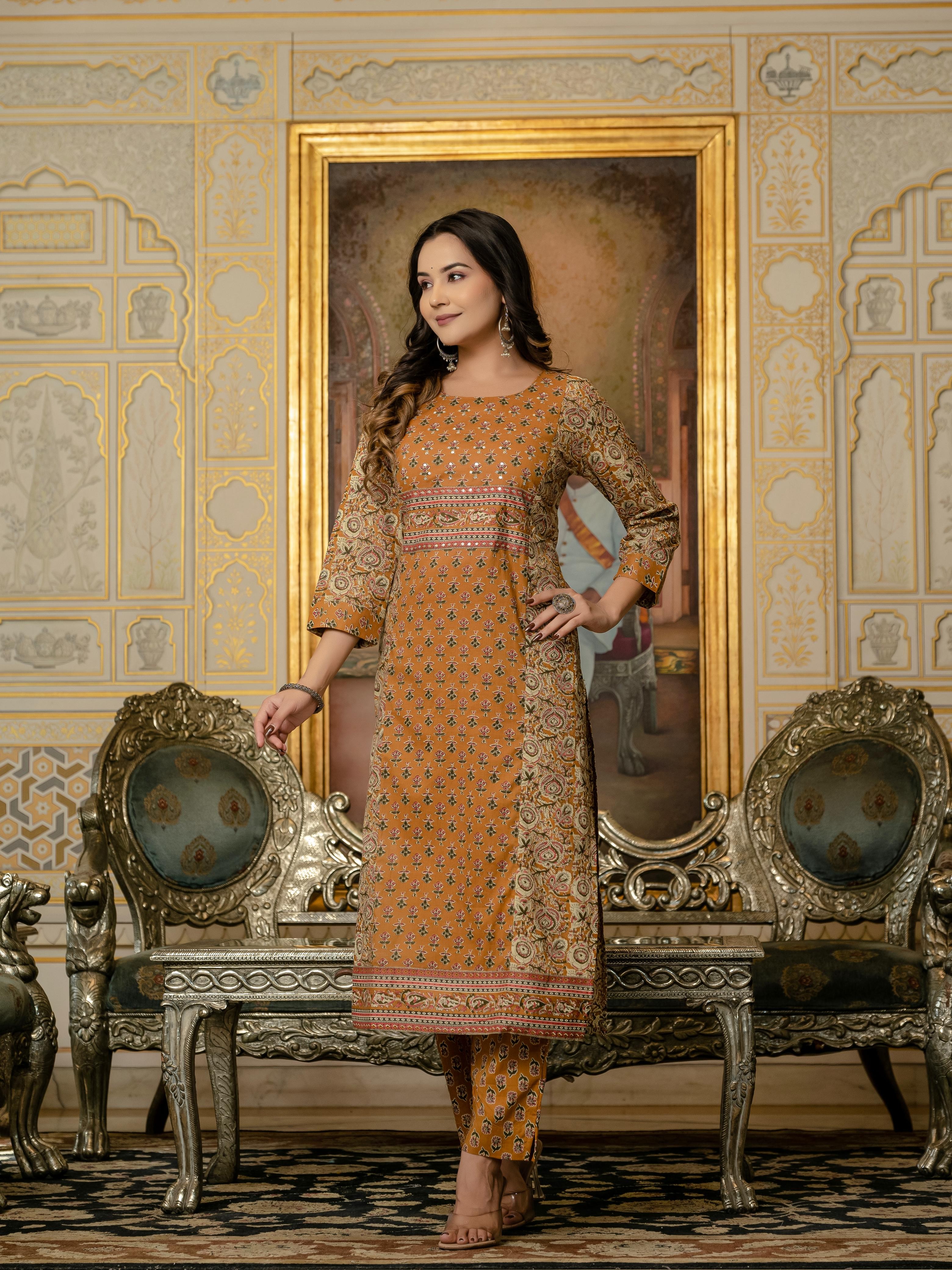 Mustard Ethnic Printed Kurti Set – Royal Charm Collection