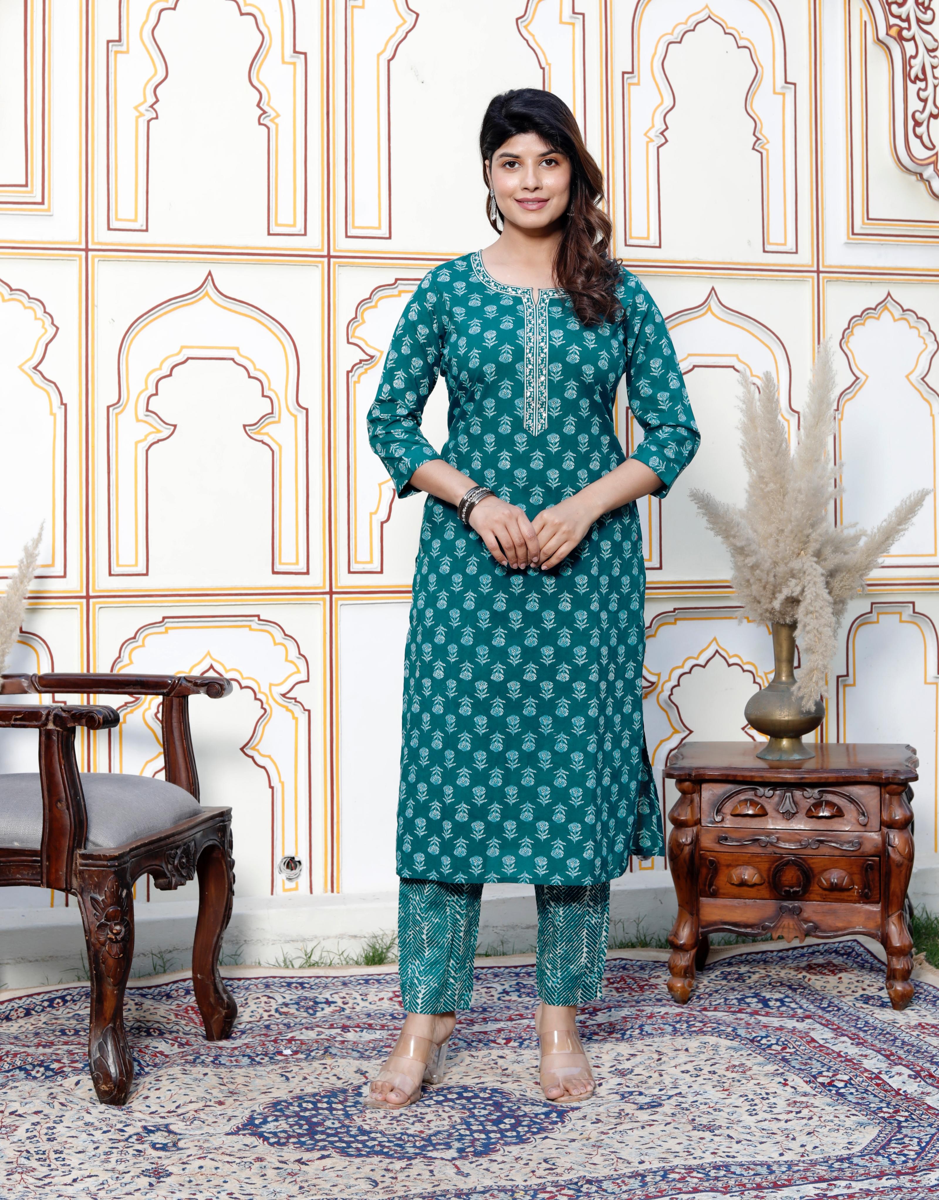Green Floral Print Cotton Suit – Elegant &  Comfortable