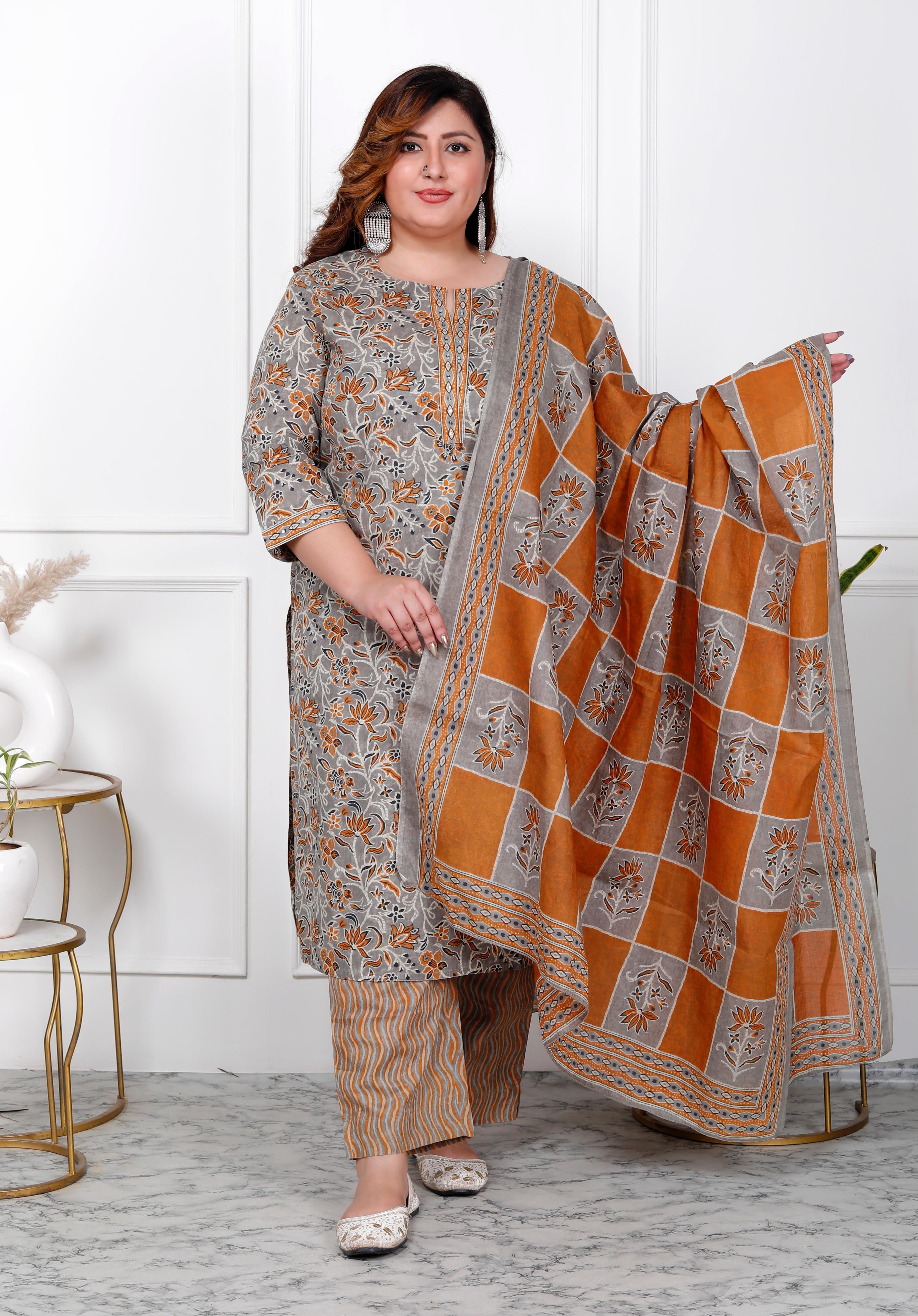 Mustard Floral With Gray Kurti Pant And Dupatta Set