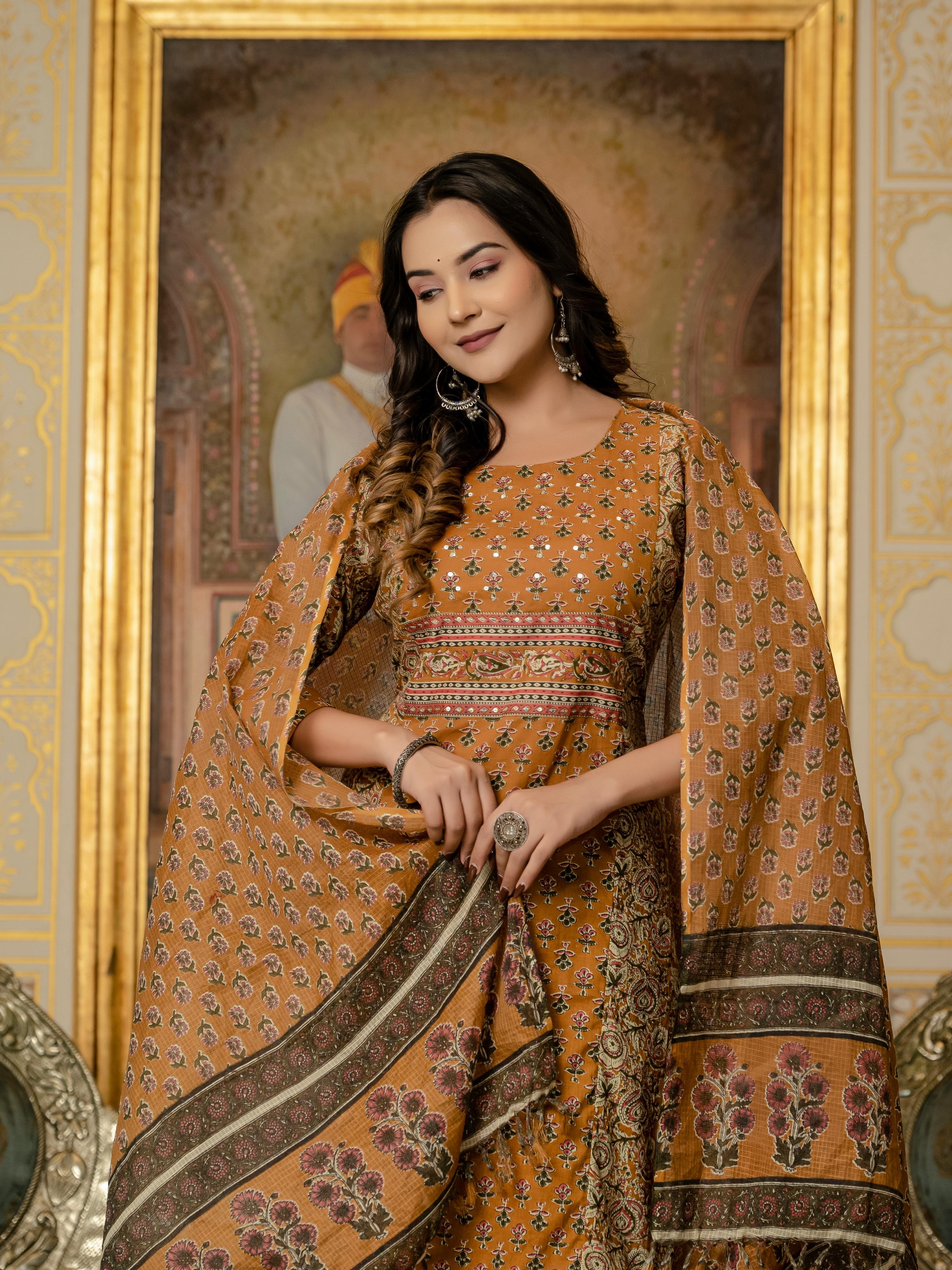 Mustard Ethnic Printed Kurti Set – Royal Charm Collection