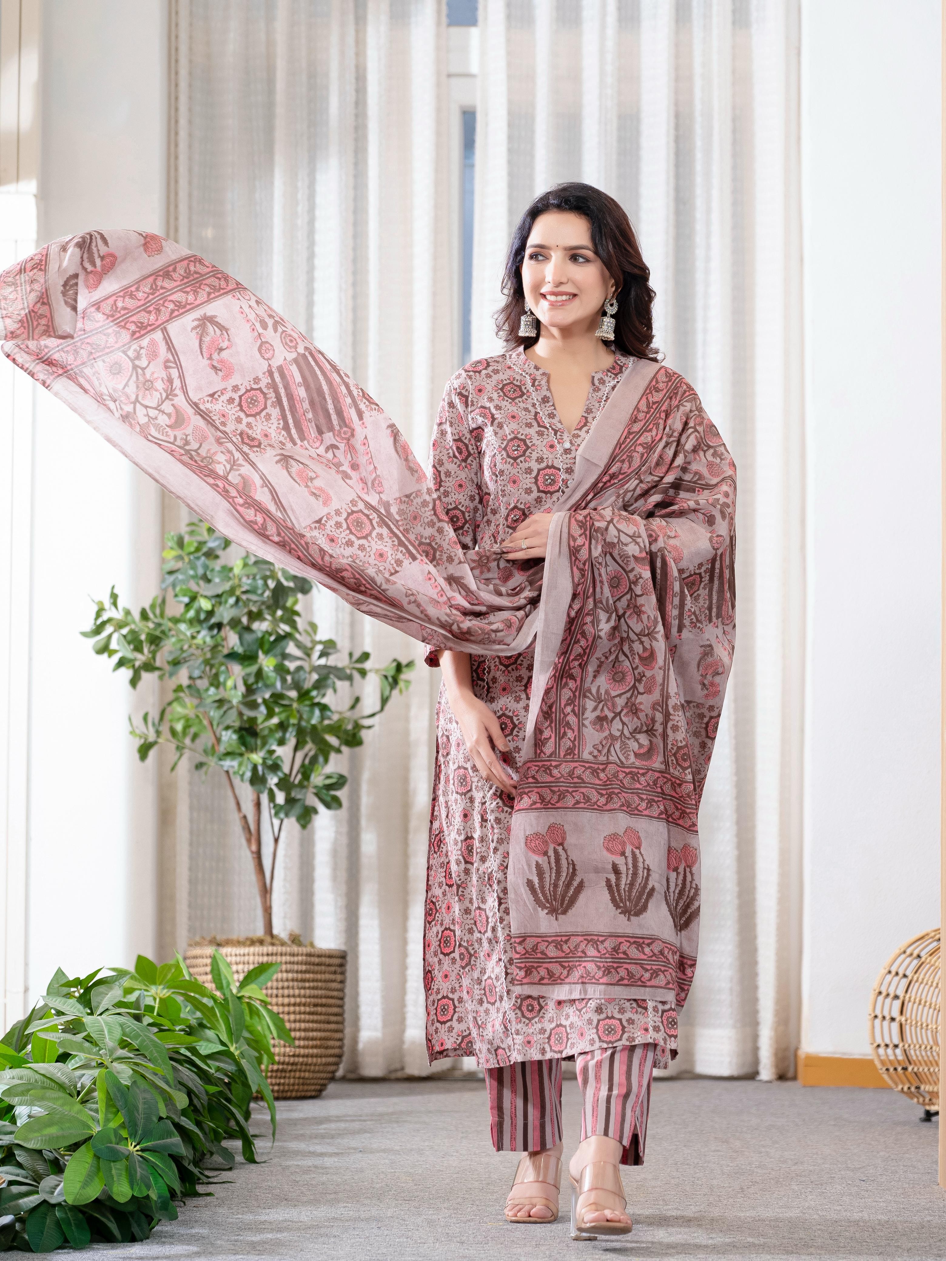 Cotton Summer  Dusty Rose Kurti Pant And Dupatta Set