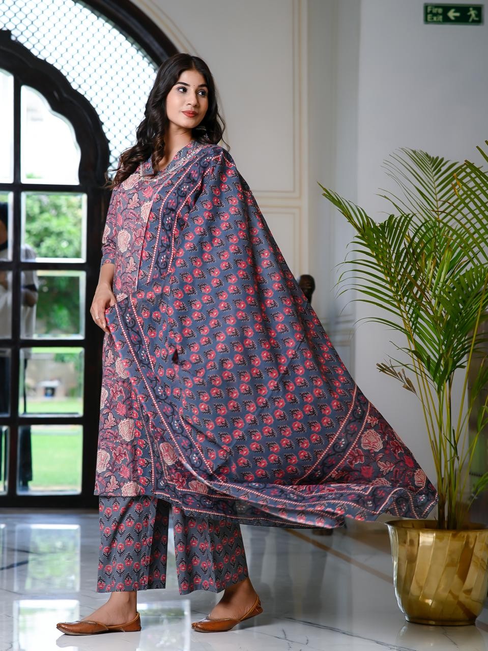 Floral Printed Cotton Kurta Plazo with Duptta