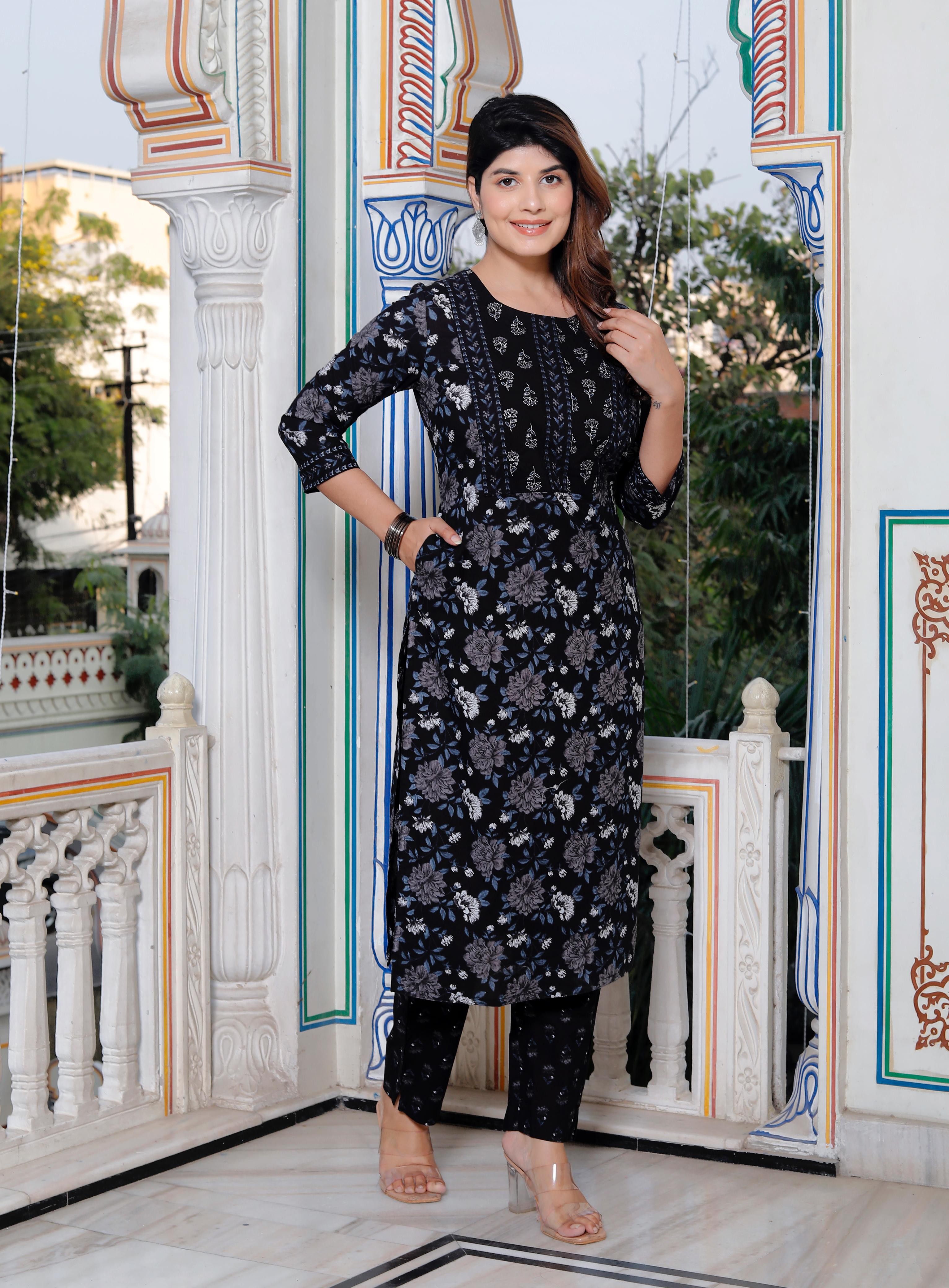 Elegant Black & Grey Floral Printed Cotton Kurta for Women – HK Vastra