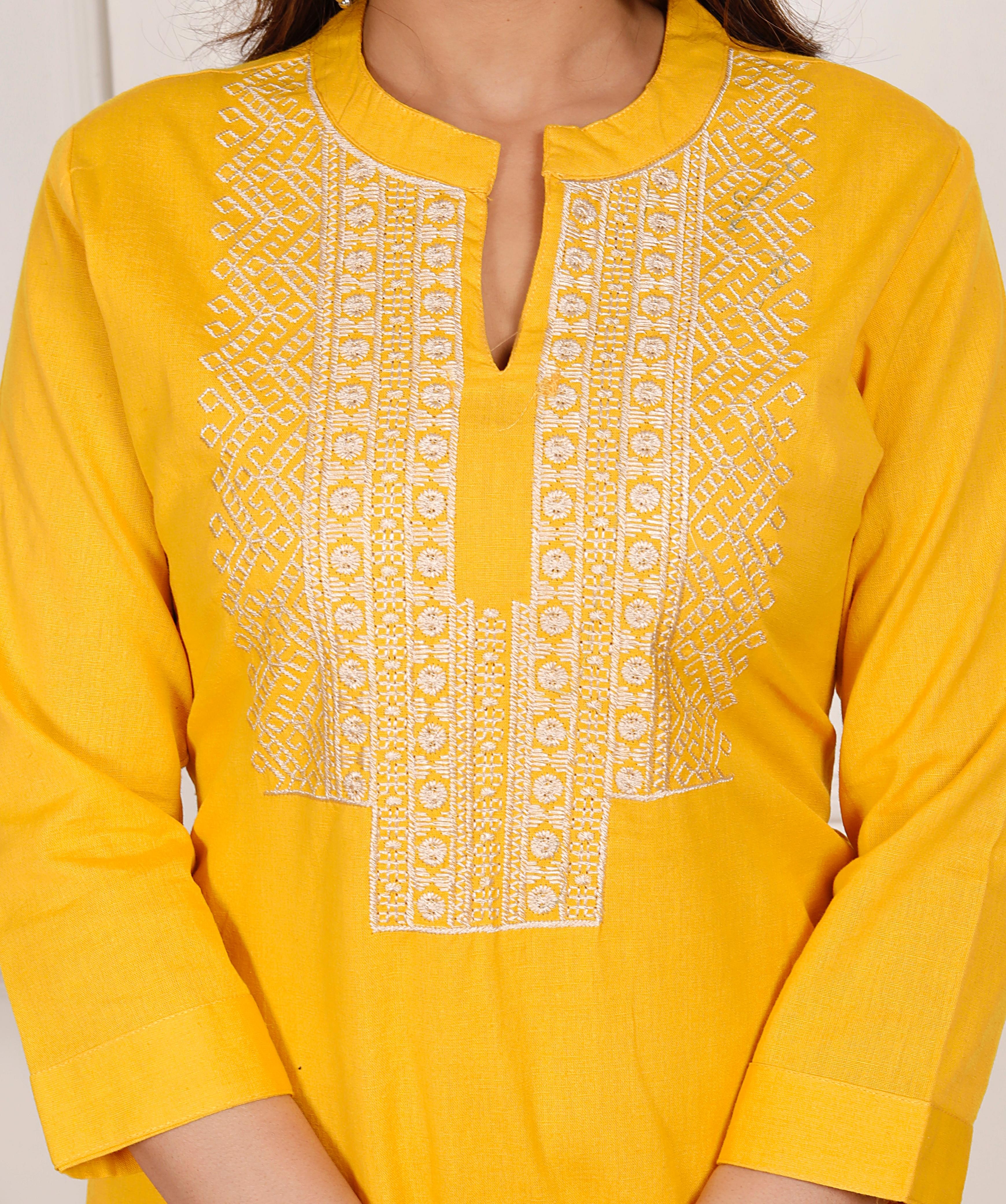 Cotton Flex Embroidered Kurta Pant Set – Yellow