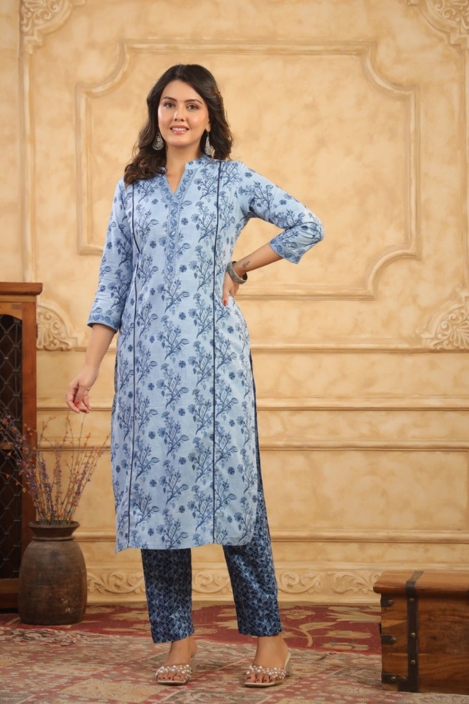White and Blue Kurti Pent Dupatta Set