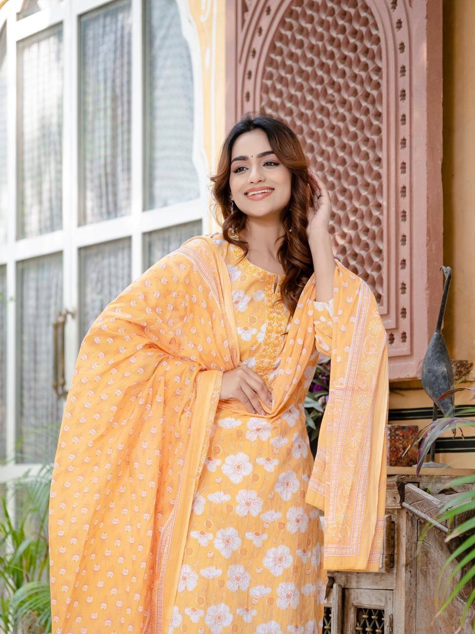 New Yellow Floral Cotton Suit Set