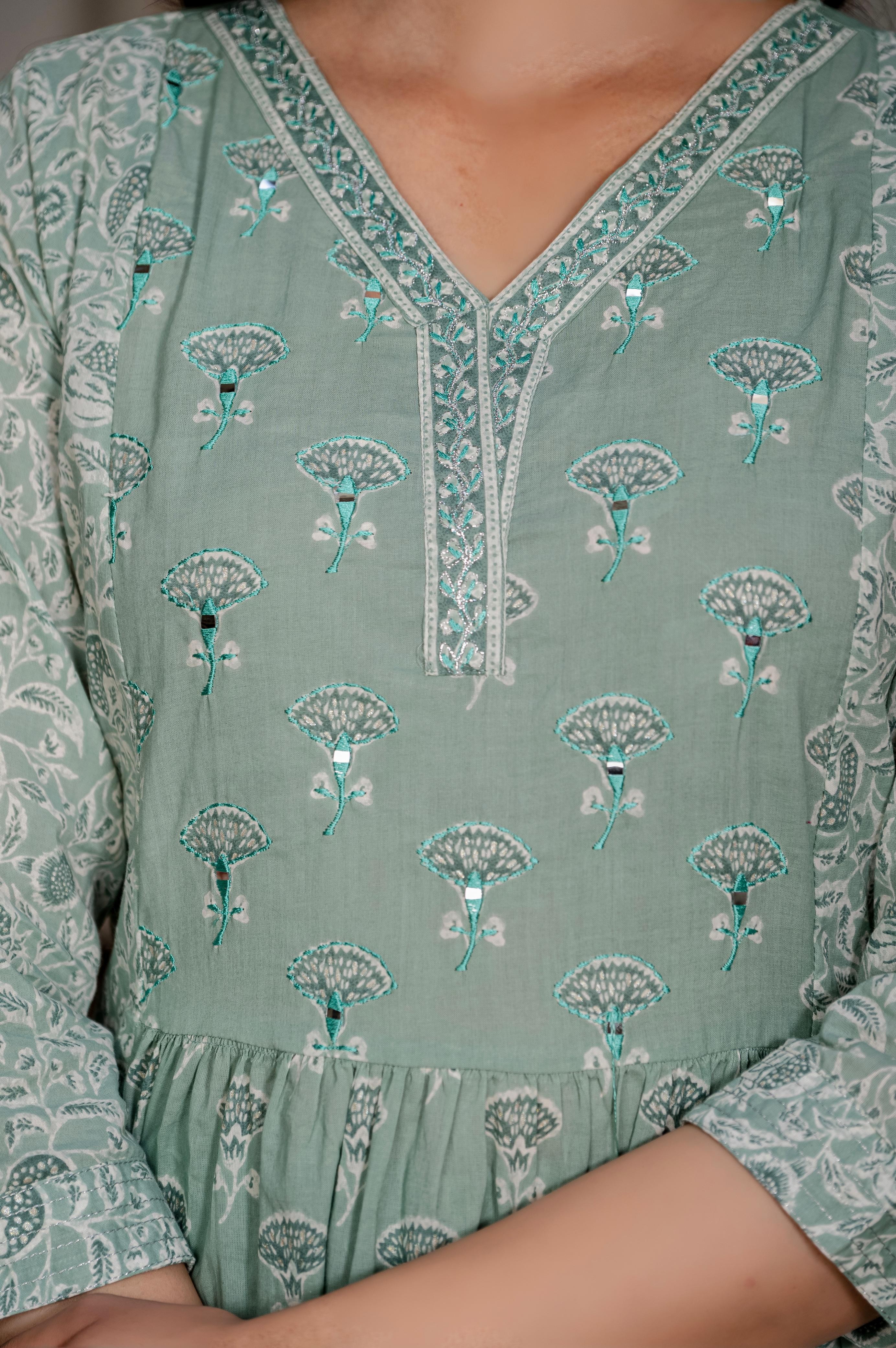 Mint Green Floral Cotton Kurti Set – Graceful Hk Vastra