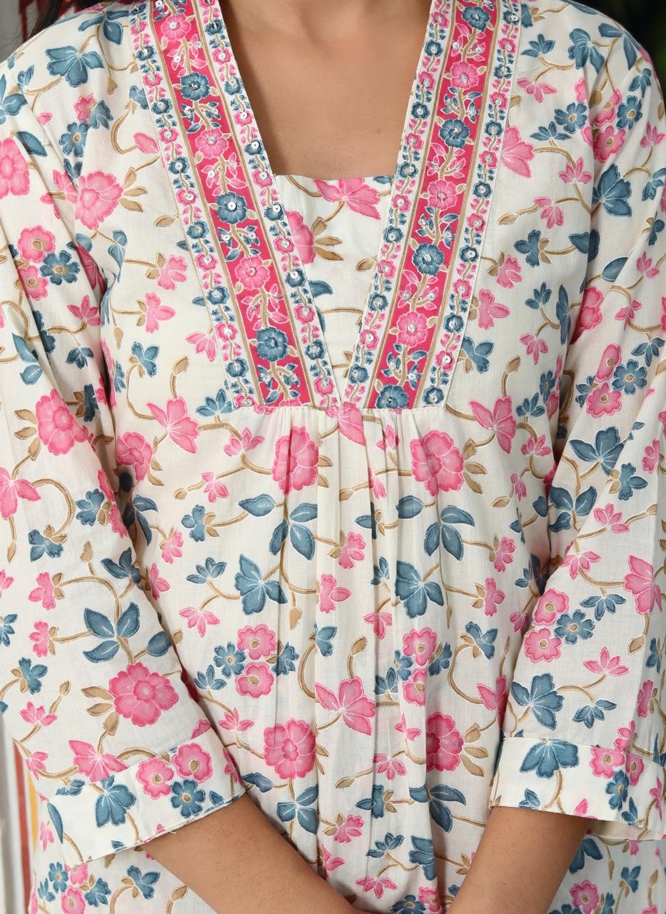 Pink And Sky Blue Floral Print kurti Pant And Dupatta Set