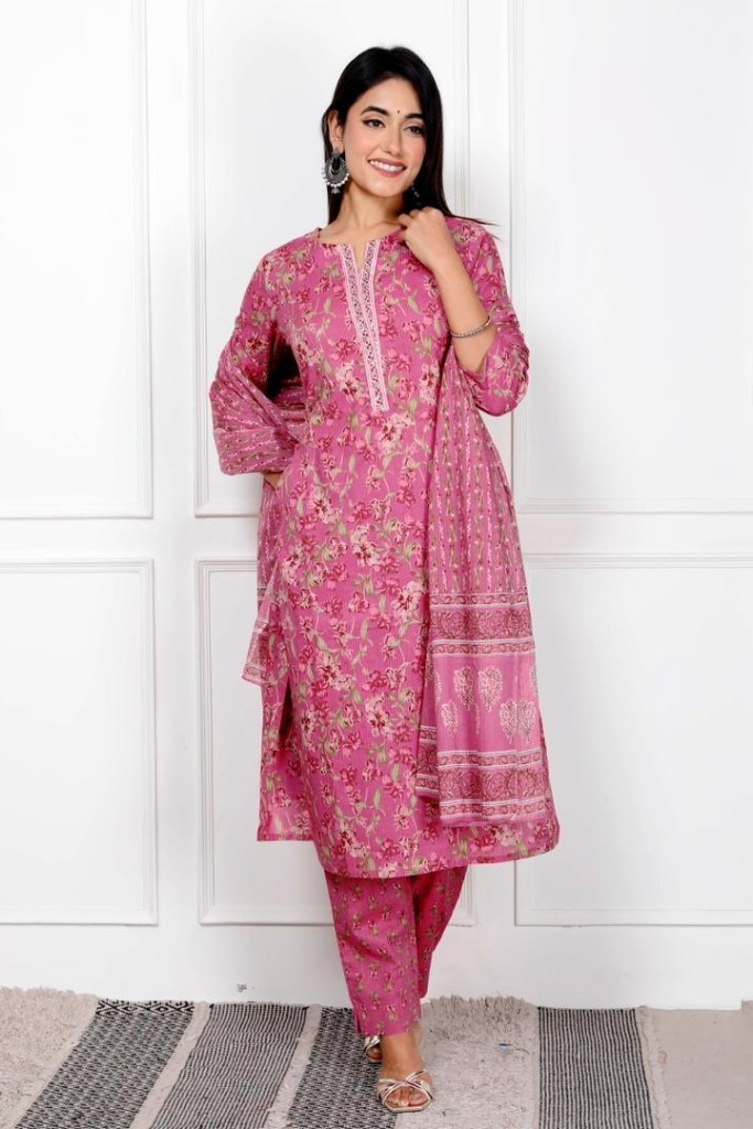 Pink White Kurta Pant Dupatta Set