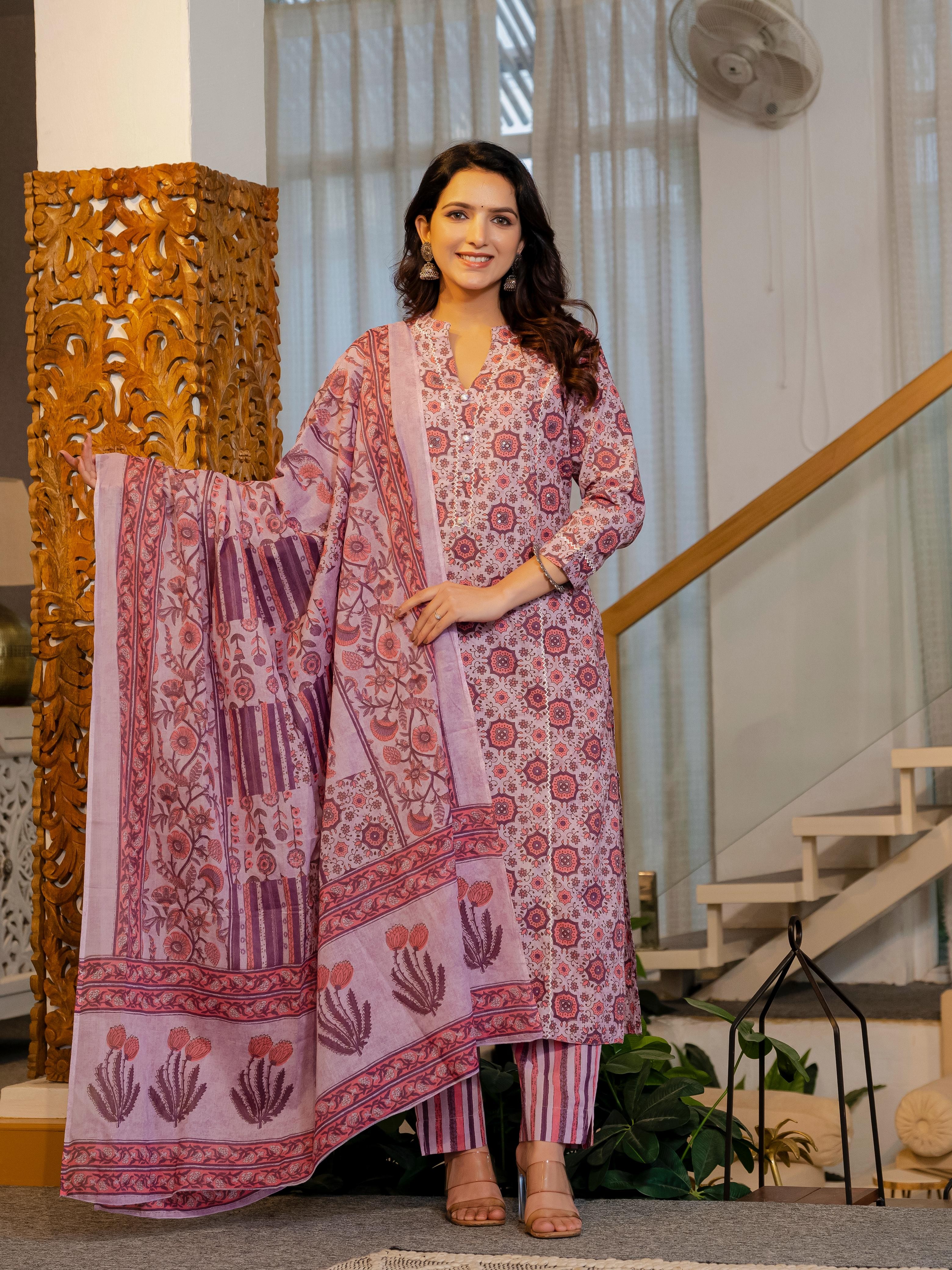 Cotton Summer Light Pink Kurti Pant And Dupatta Set