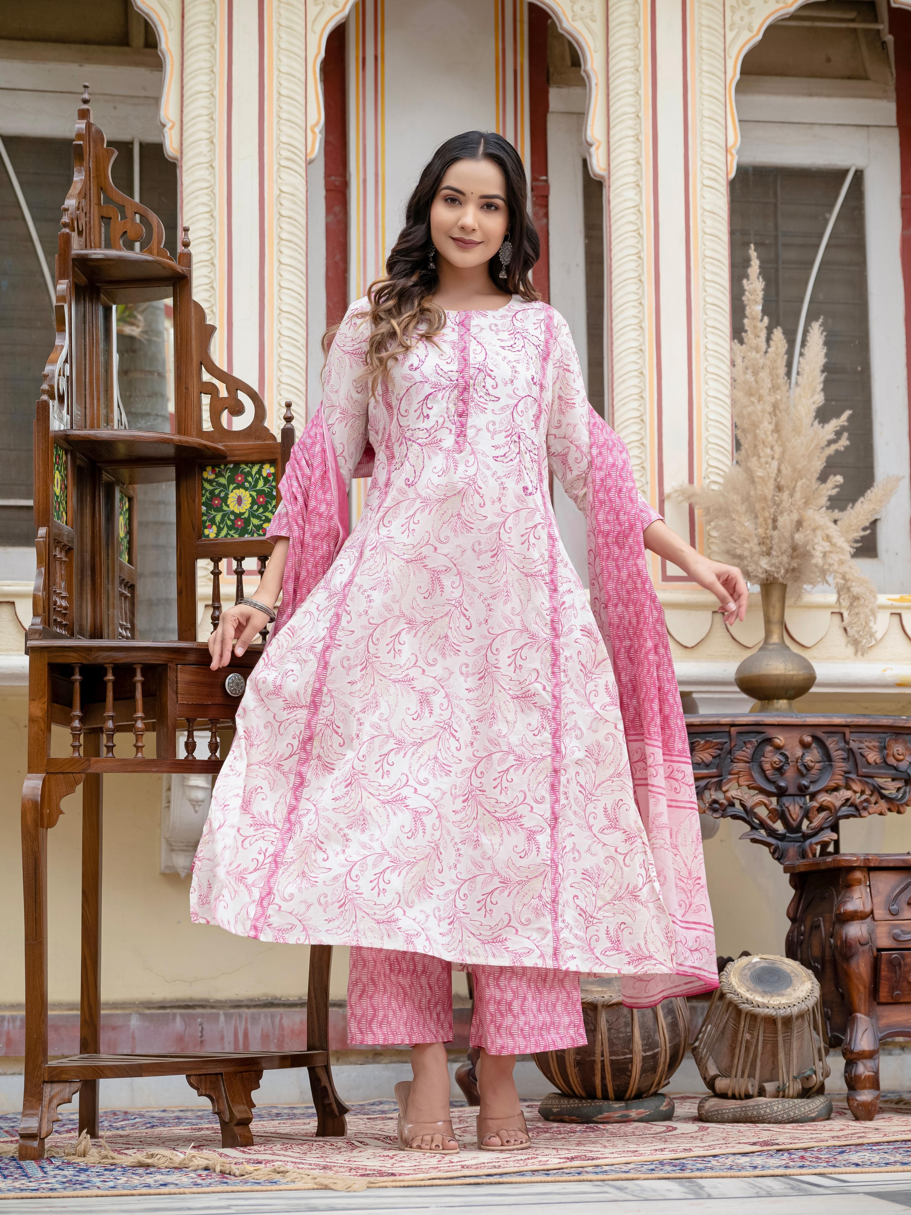 Pink & White Floral Print Kurti Palzo And Dupatta Set