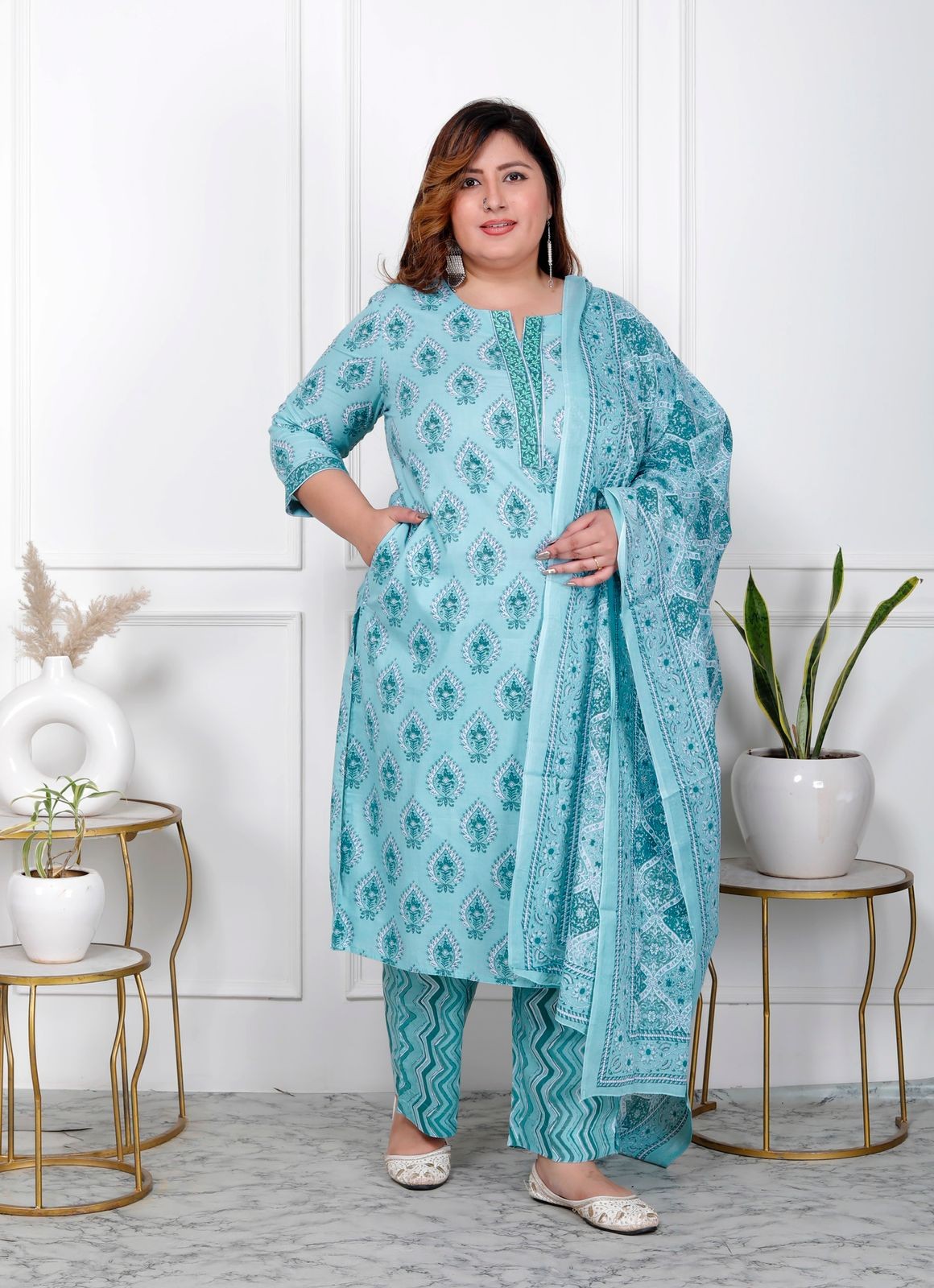 Sky Blue With Floral Print Kurti Pant And Dupatta Set