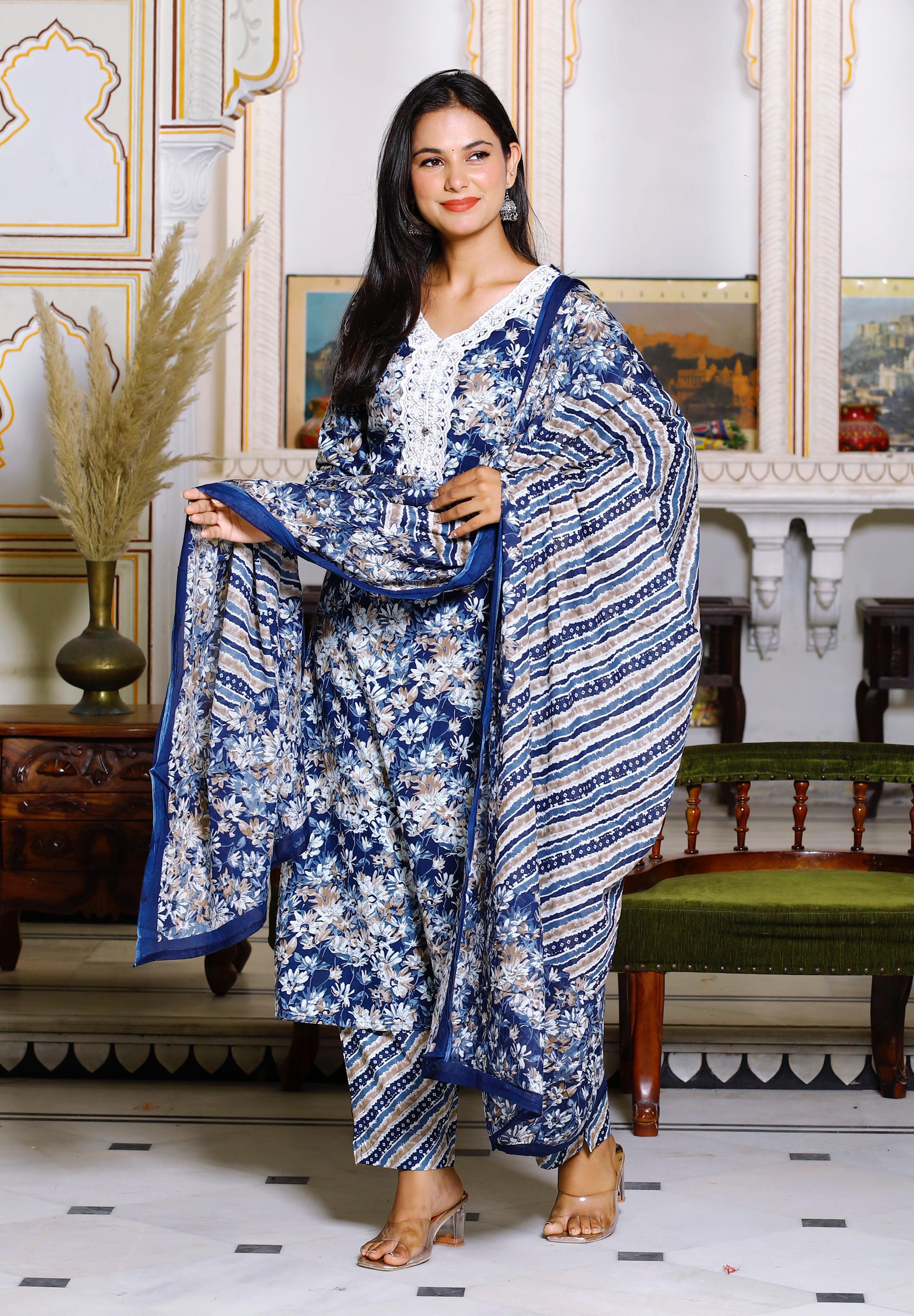 Navy Blue Floral Cotton Kurta Set