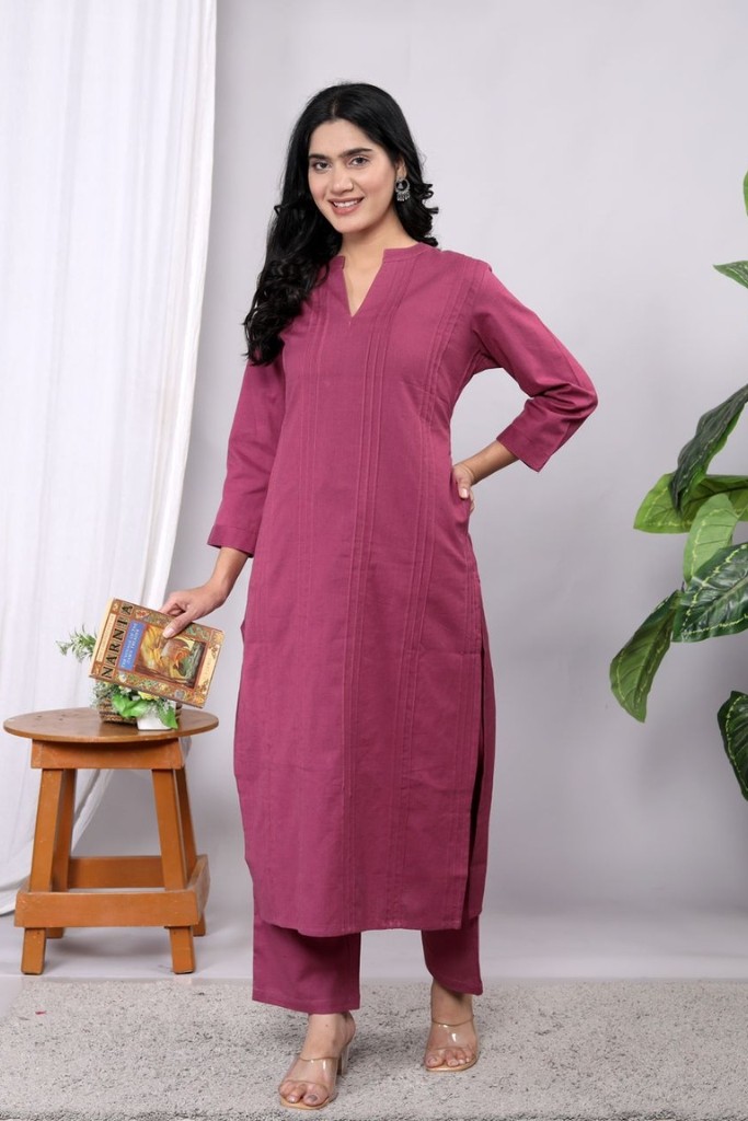 Dark Pink Kurta Pant Set (Flax Cotton Linen)