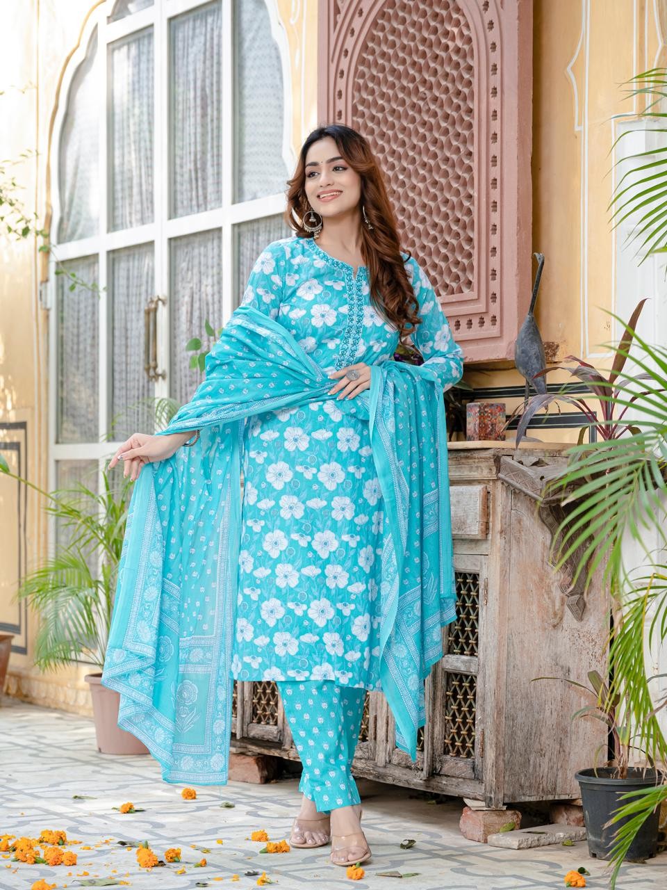 Sky Blue Cotton Floral Suit Set