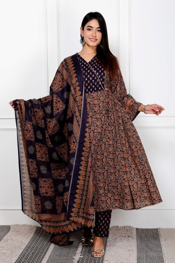 Navy Blue And Light Brown Angrakha Suit