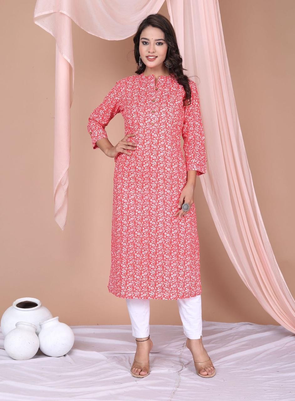 Women Pink Printed Cotton Kurta