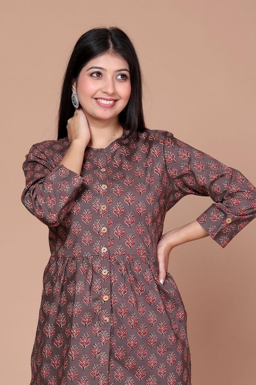 Brown With Red Floral Print Short Top
