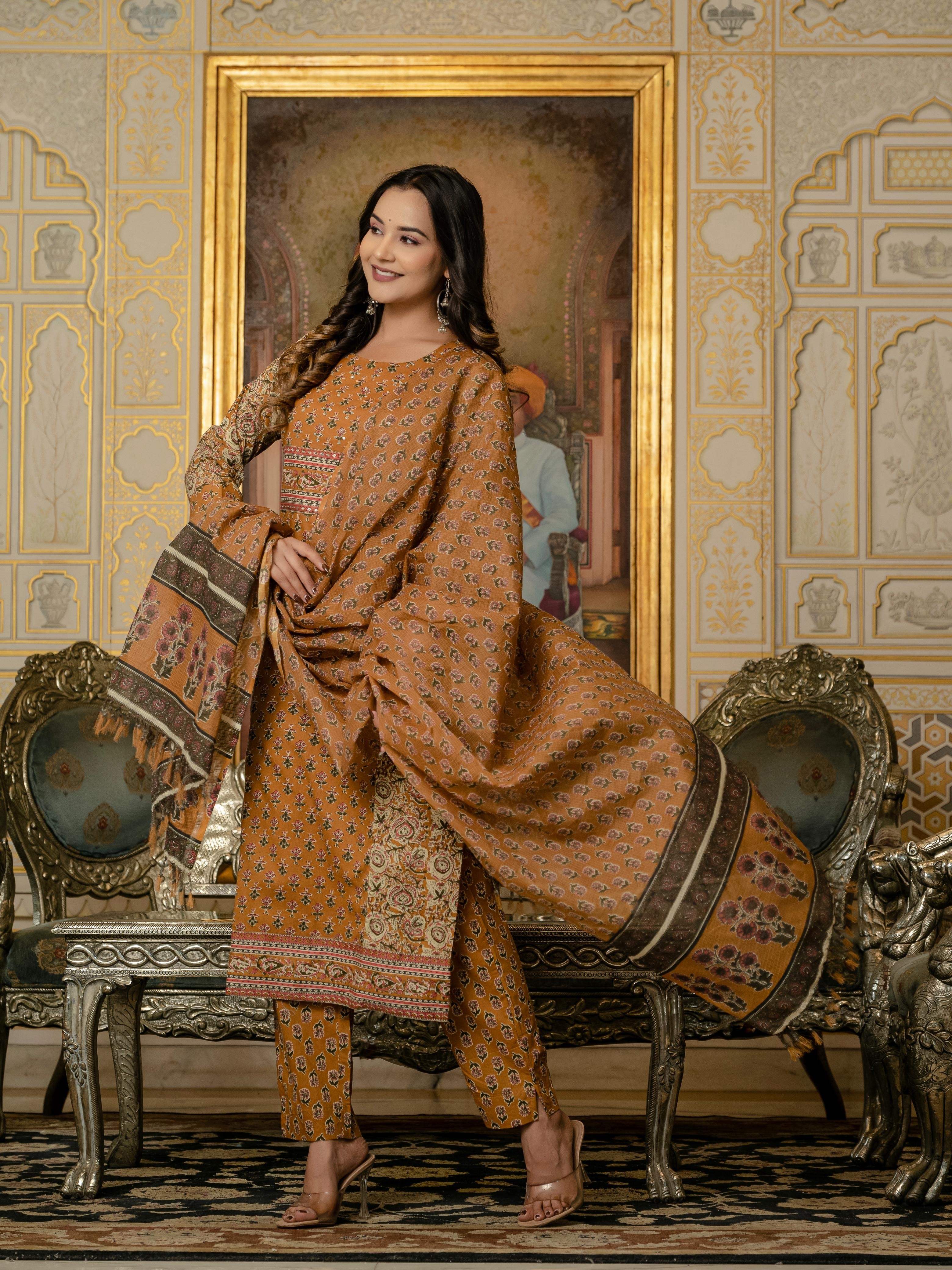 Mustard Ethnic Printed Kurti Set – Royal Charm Collection