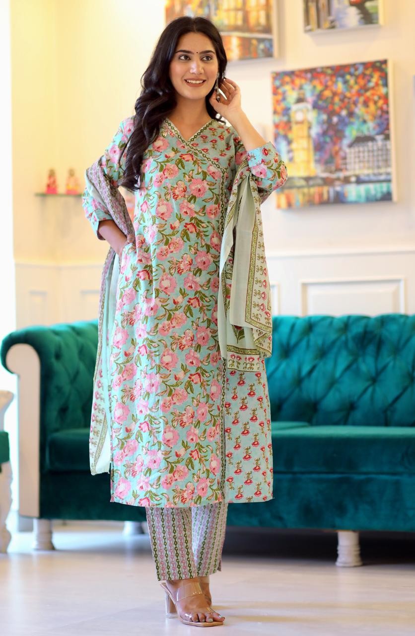 Green Floral Print Angrahka suit