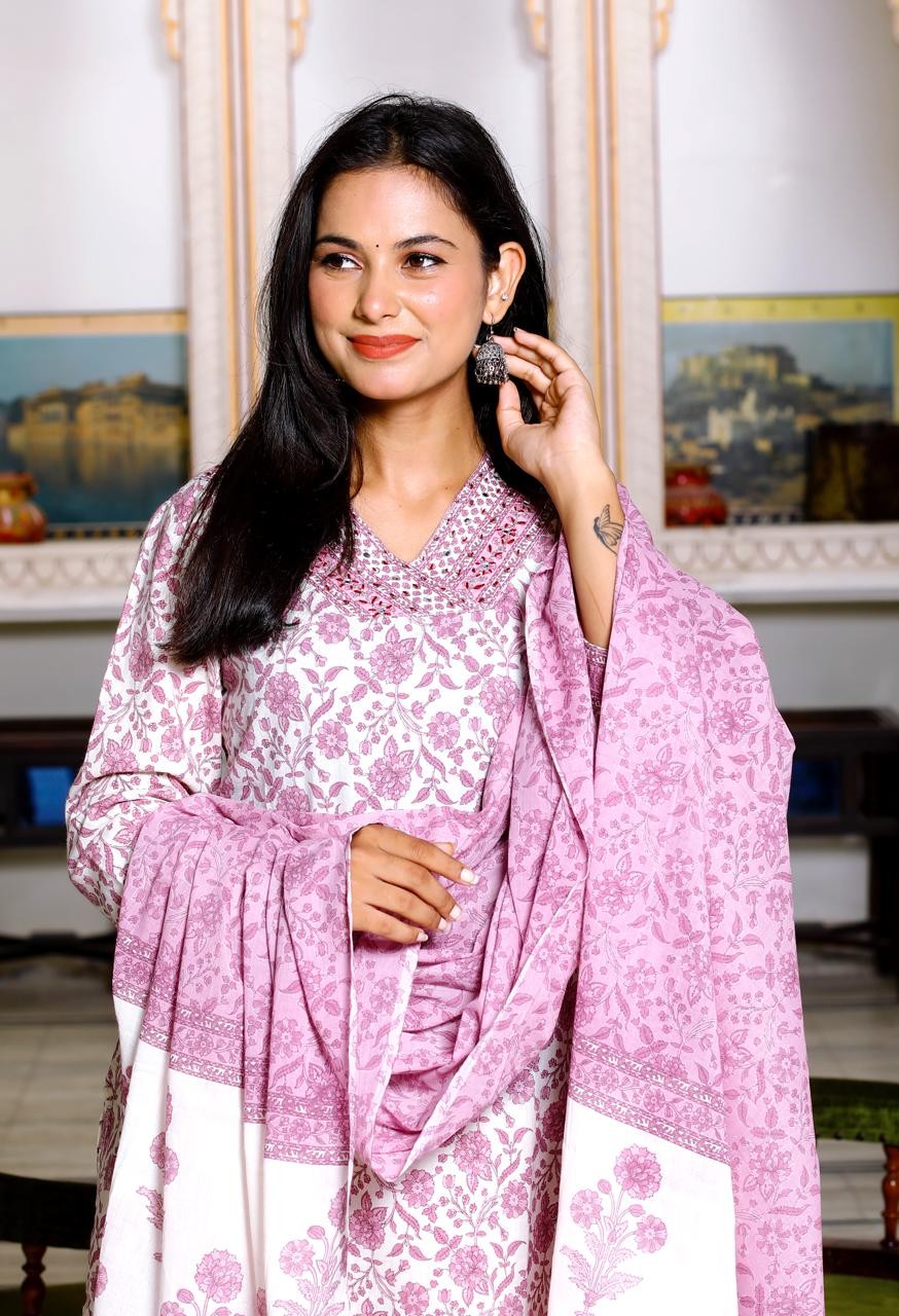 Pink with white kurti pant and Duppata set