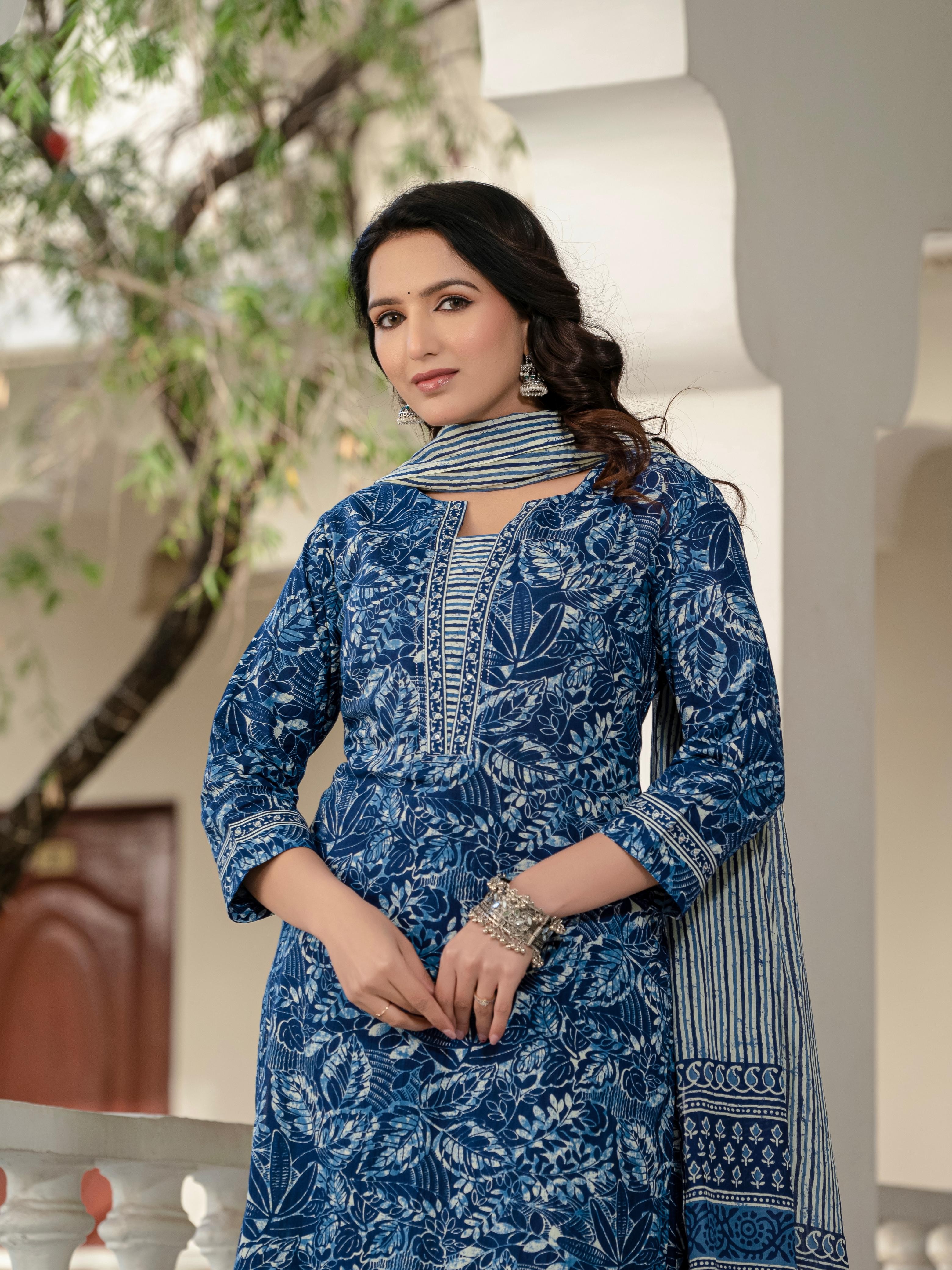 Elegant Indigo  Cotton Kurta Set with Dupatta - Hk Vastra